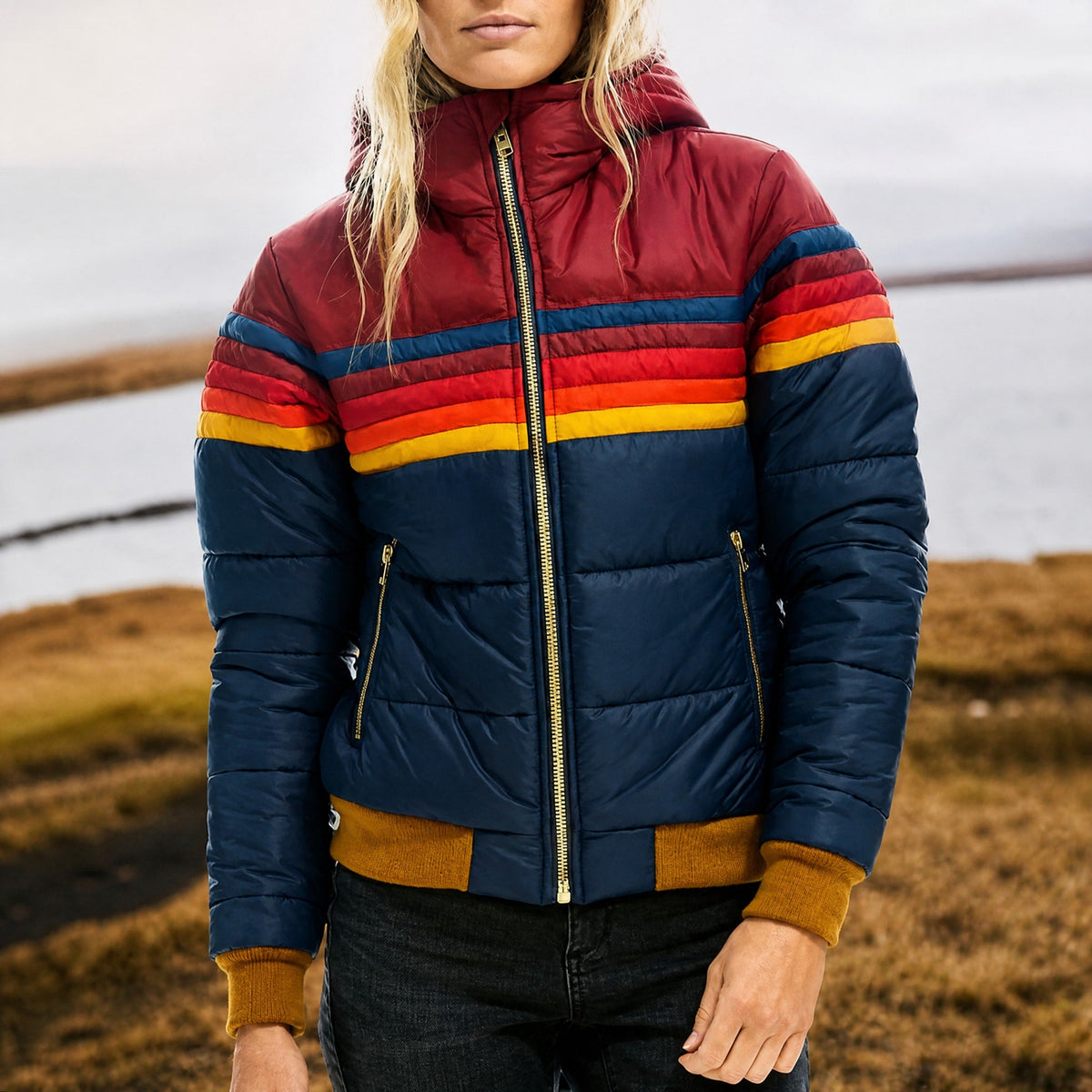 Georgia - Women's Quilted Colour-Block Puffer Jacket with Hood - Puffer Jacket - Navy Blue - Davies & Cooper
