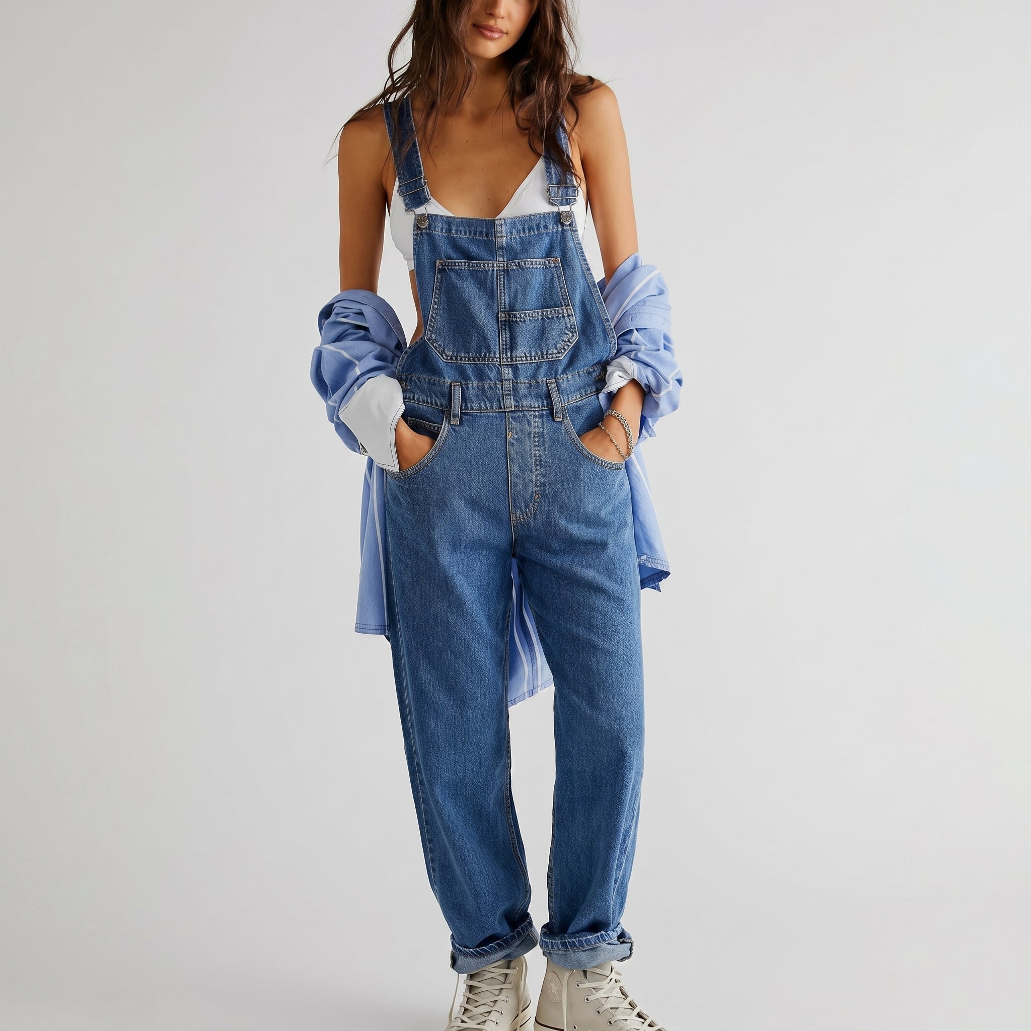 Georgia - Women's Relaxed Fit Wide - Leg Denim Dungarees - Overall - Dark Blue - Davies & Cooper