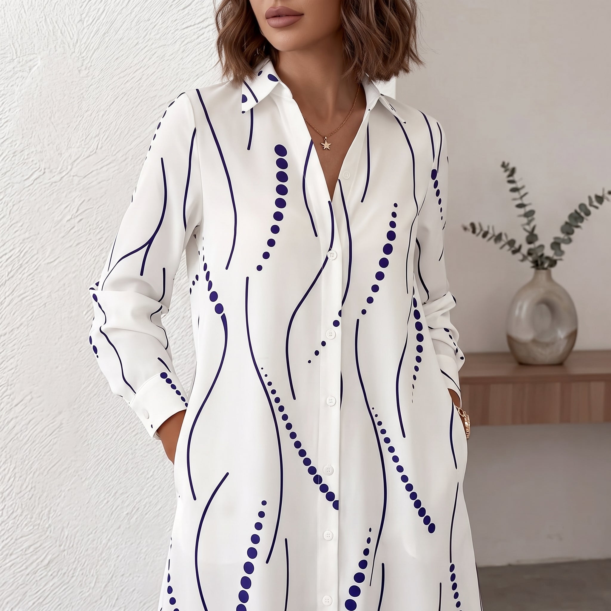 Georgia - Women's Summer Abstract Print Mini Shirt Dress - Dress - White - Davies & Cooper