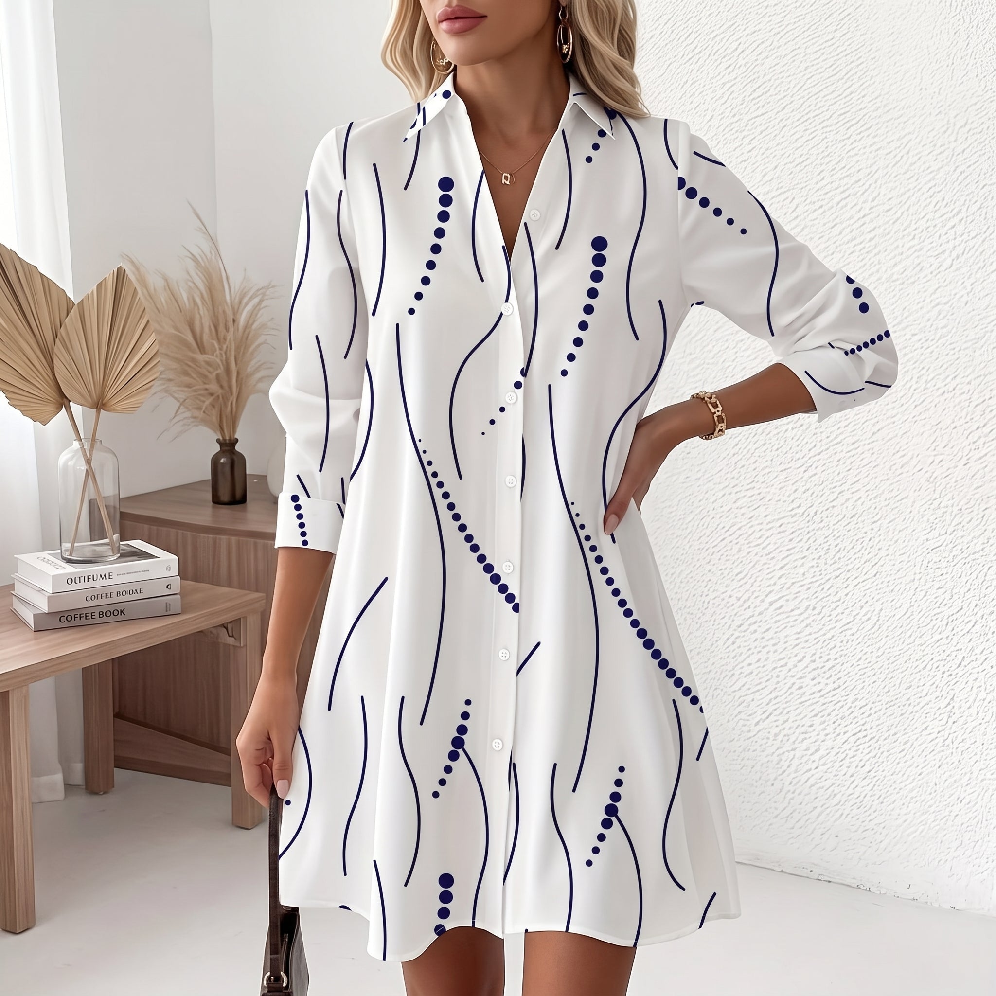 Georgia - Women's Summer Abstract Print Mini Shirt Dress - Dress - White - Davies & Cooper