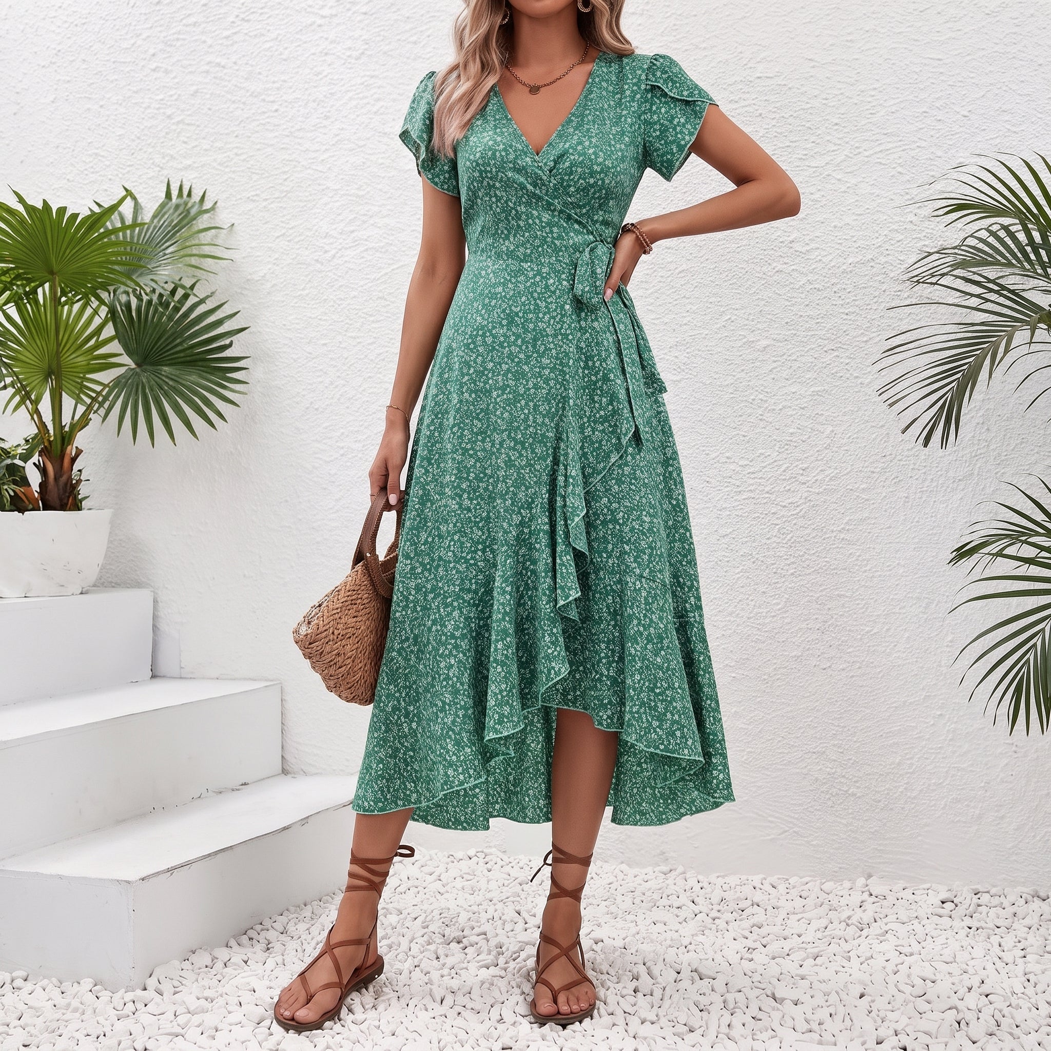 Georgia - Women's Summer Ditsy Polka Dots Ruffle Hem Midi Dress - Dresses - Green - Davies & Cooper