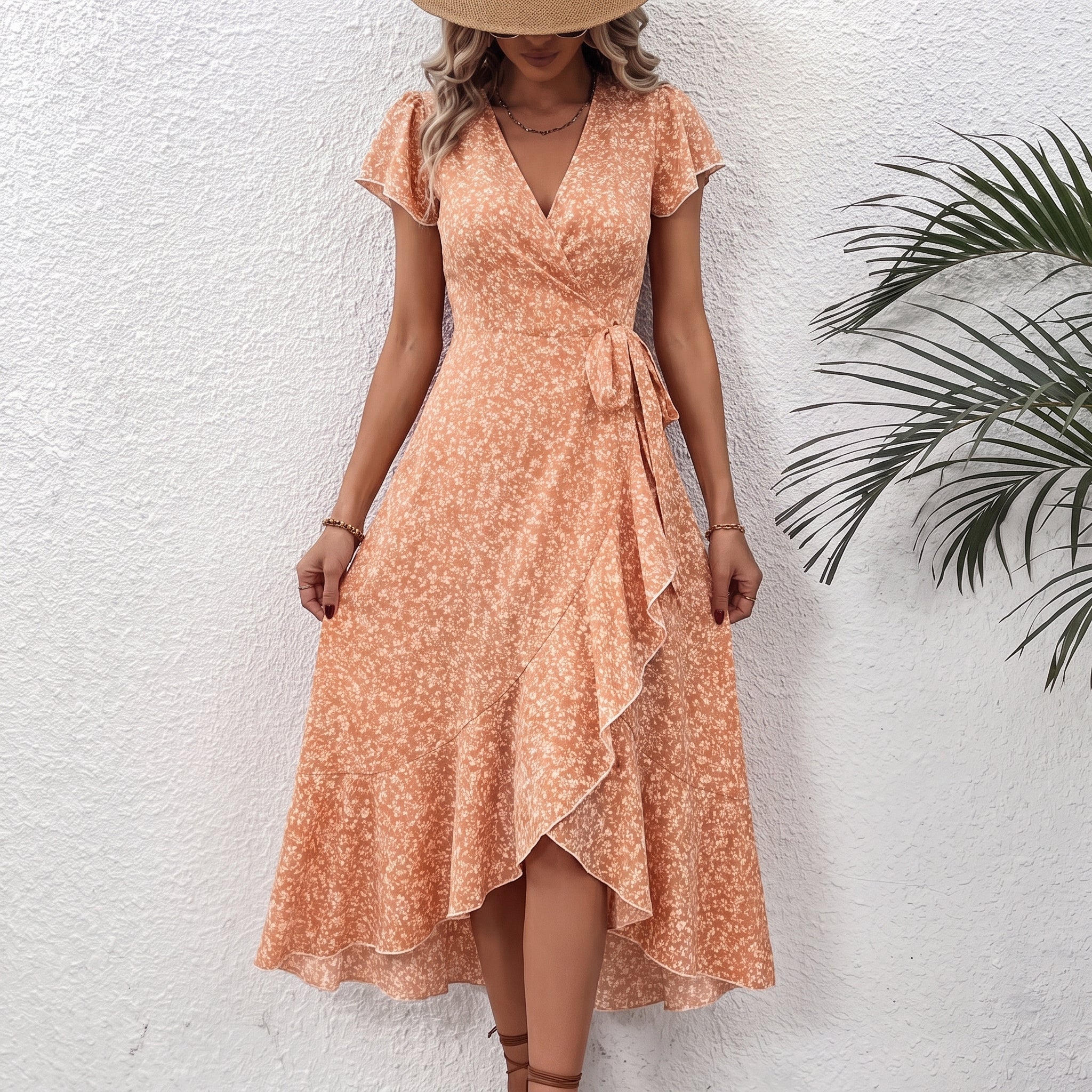 Georgia - Women's Summer Ditsy Polka Dots Ruffle Hem Midi Dress - Dresses - Orange - Davies & Cooper