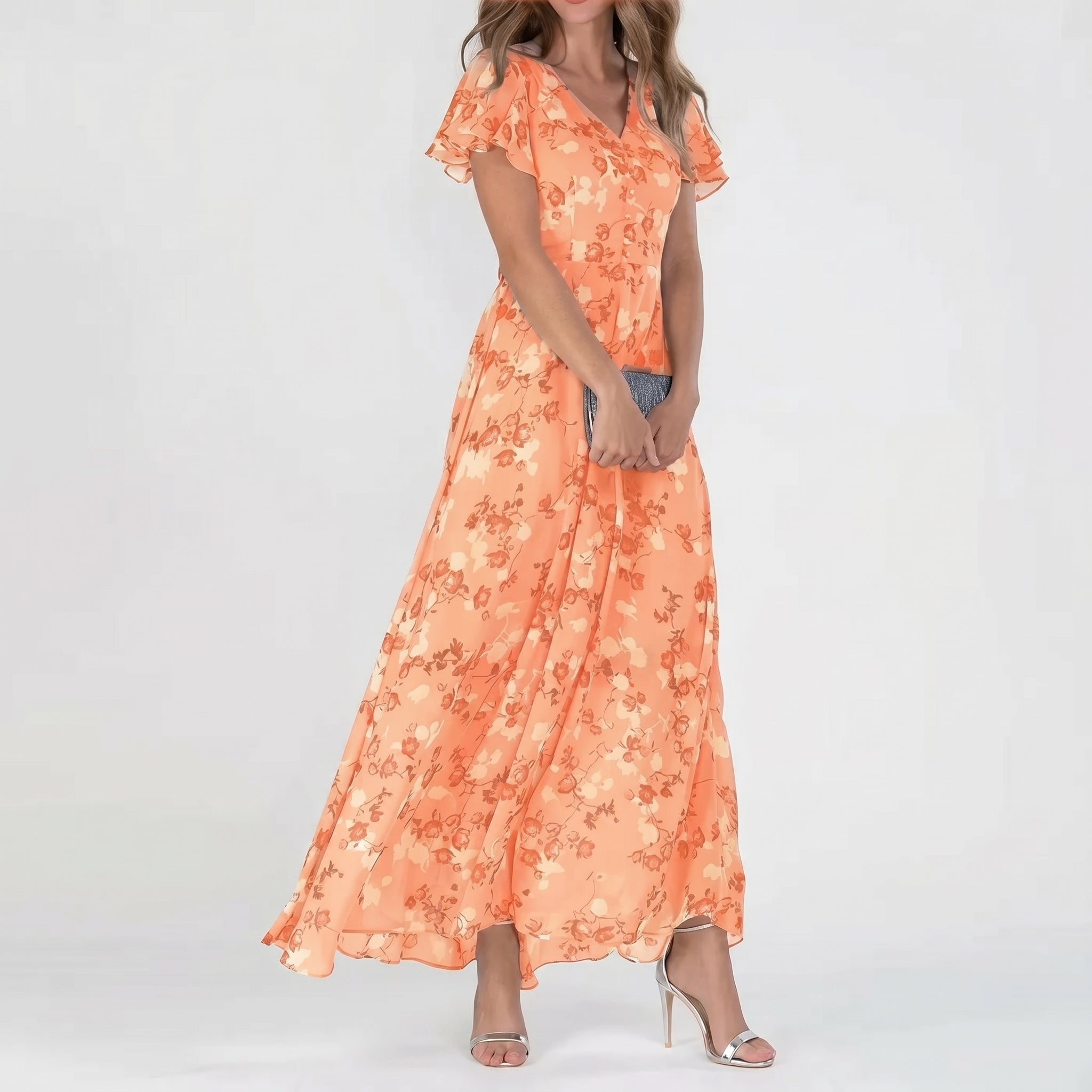 Georgia - Women's Summer Floral Flutter Sleeve Maxi Dress - Maxi Dress - Orange - Davies & Cooper