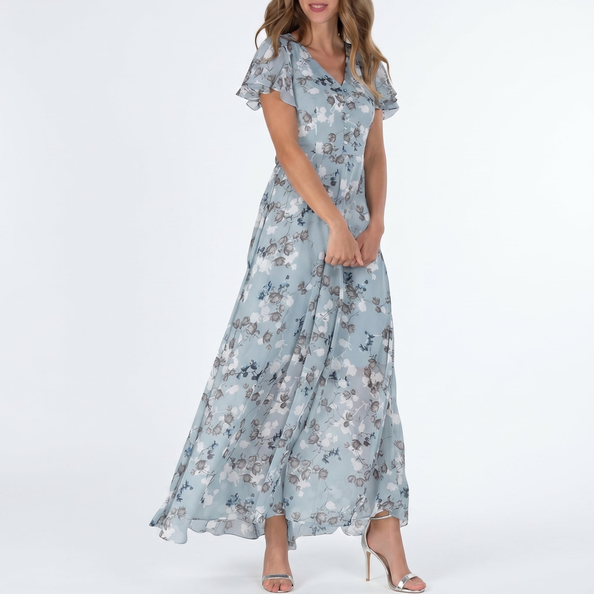 Georgia - Women's Summer Floral Flutter Sleeve Maxi Dress - Maxi Dress - Light Blue - Davies & Cooper