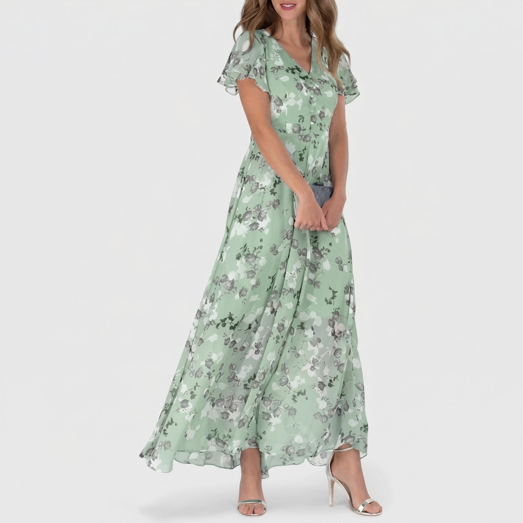 Georgia - Women's Summer Floral Flutter Sleeve Maxi Dress - Maxi Dress - Green - Davies & Cooper