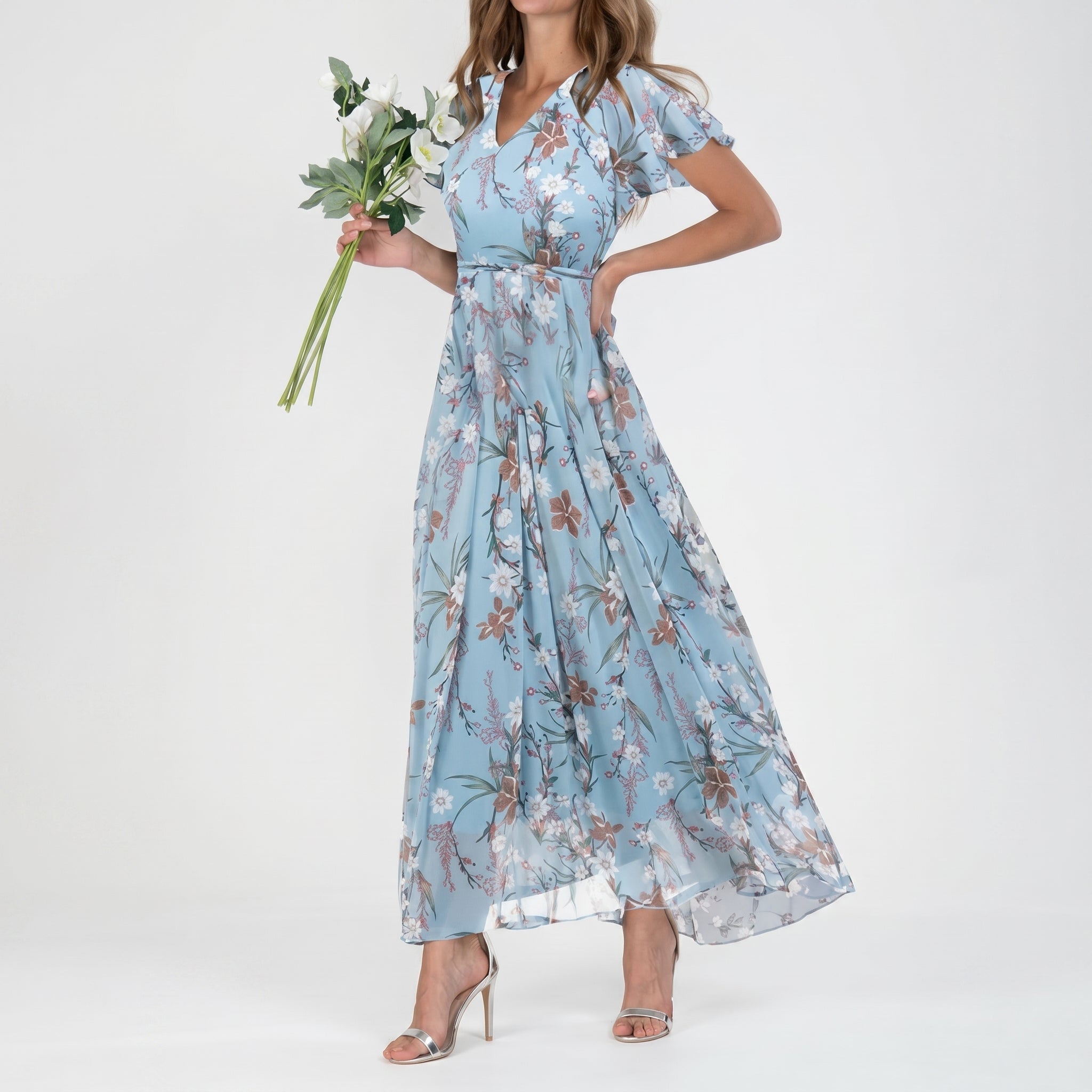 Georgia - Women's Summer Floral Flutter Sleeve Maxi Dress - Maxi Dress - Blue - Davies & Cooper