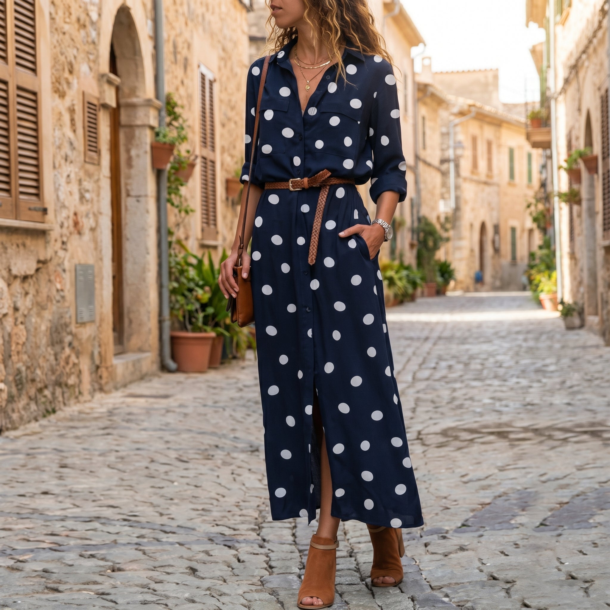 Georgia – Women's Summer Polka Dot Button-Down Maxi Dress - Dresses - Navy Blue - Davies & Cooper