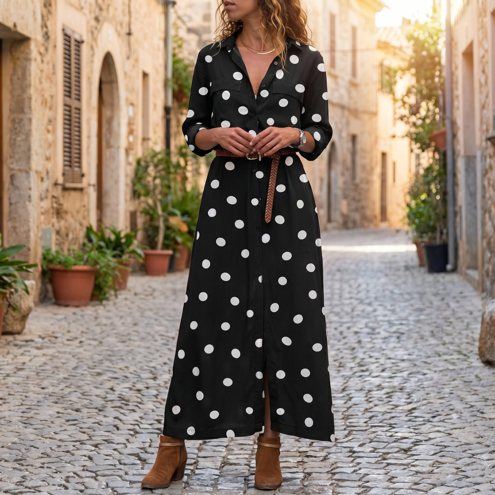 Georgia – Women's Summer Polka Dot Button-Down Maxi Dress - Dresses - Black - Davies & Cooper