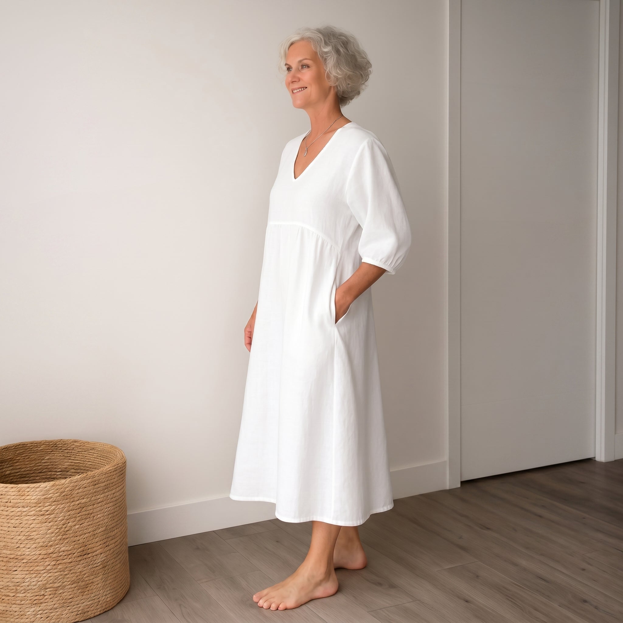 Georgia - Women's Summer Puff Sleeve Midi Dress - Midi Dresses - White - Davies & Cooper