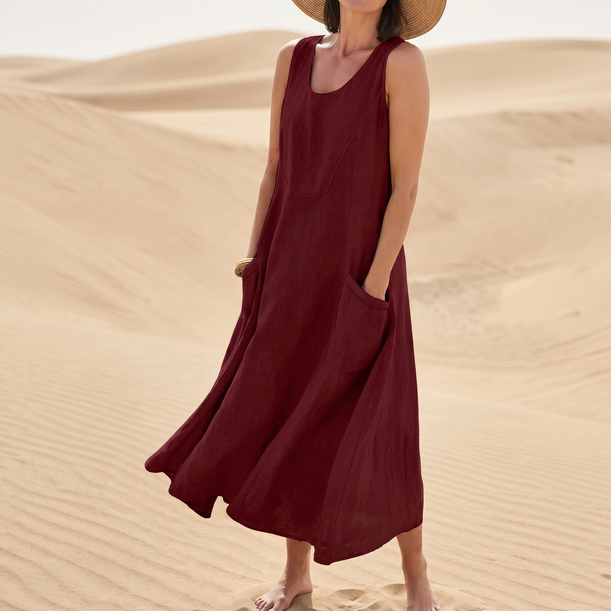 Georgia - Women's Summer Sleeveless Maxi Dress with Pockets - Maxi Dress - Red - Davies & Cooper