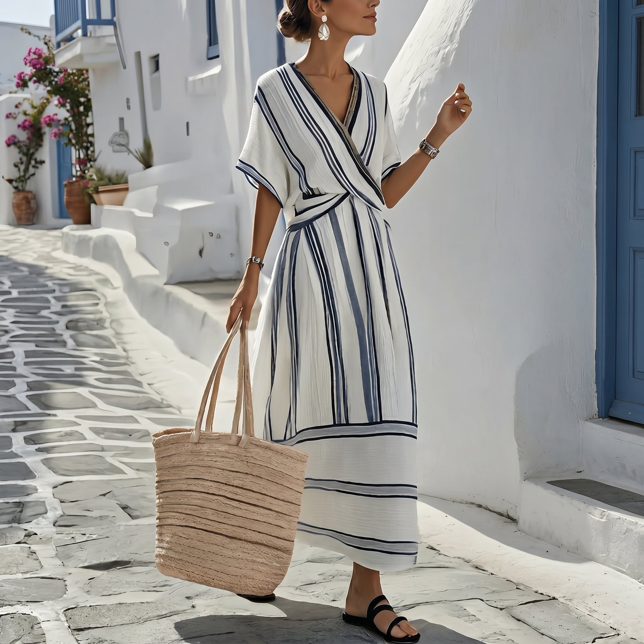 Georgia - Women's Summer Striped Wrap Maxi Dress - Maxi Dress - White - Davies & Cooper