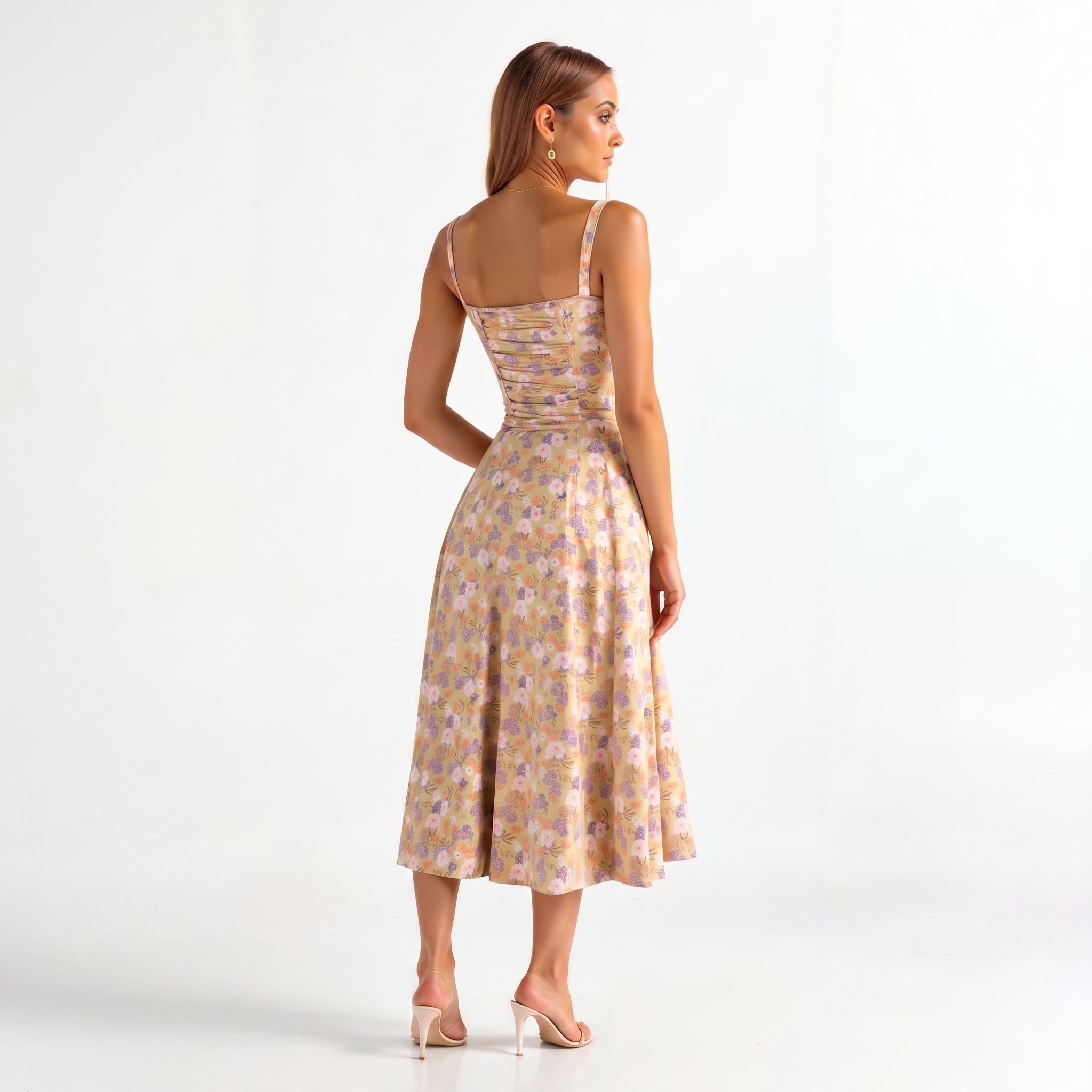 Georgia - Women's Summer Sweetheart Neck Midi Dress - Midi Dresses - Yellow - Davies & Cooper