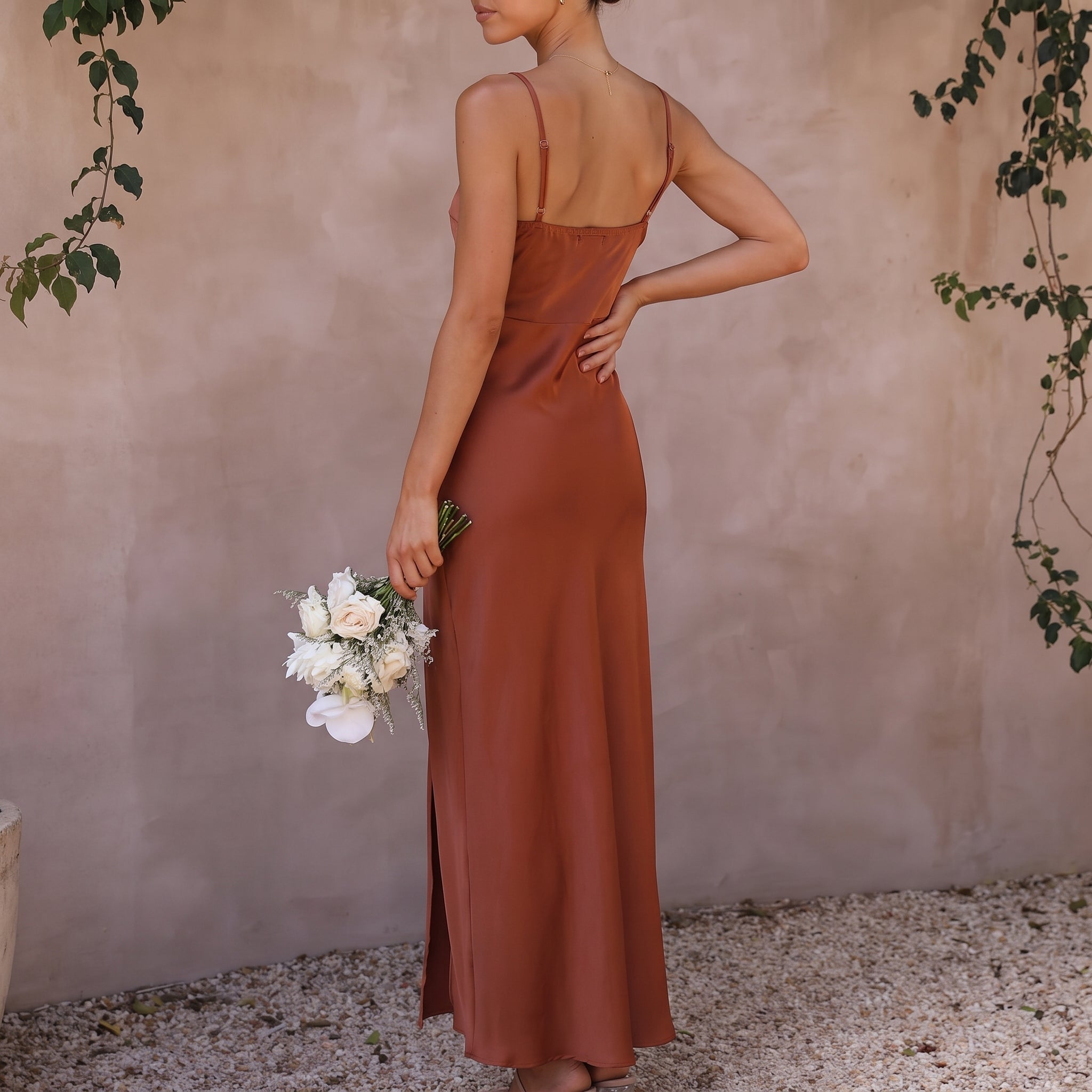 Georgia – Women's Wedding Guest Maxi Dress with Front Split - Dresses - Brown - Davies & Cooper