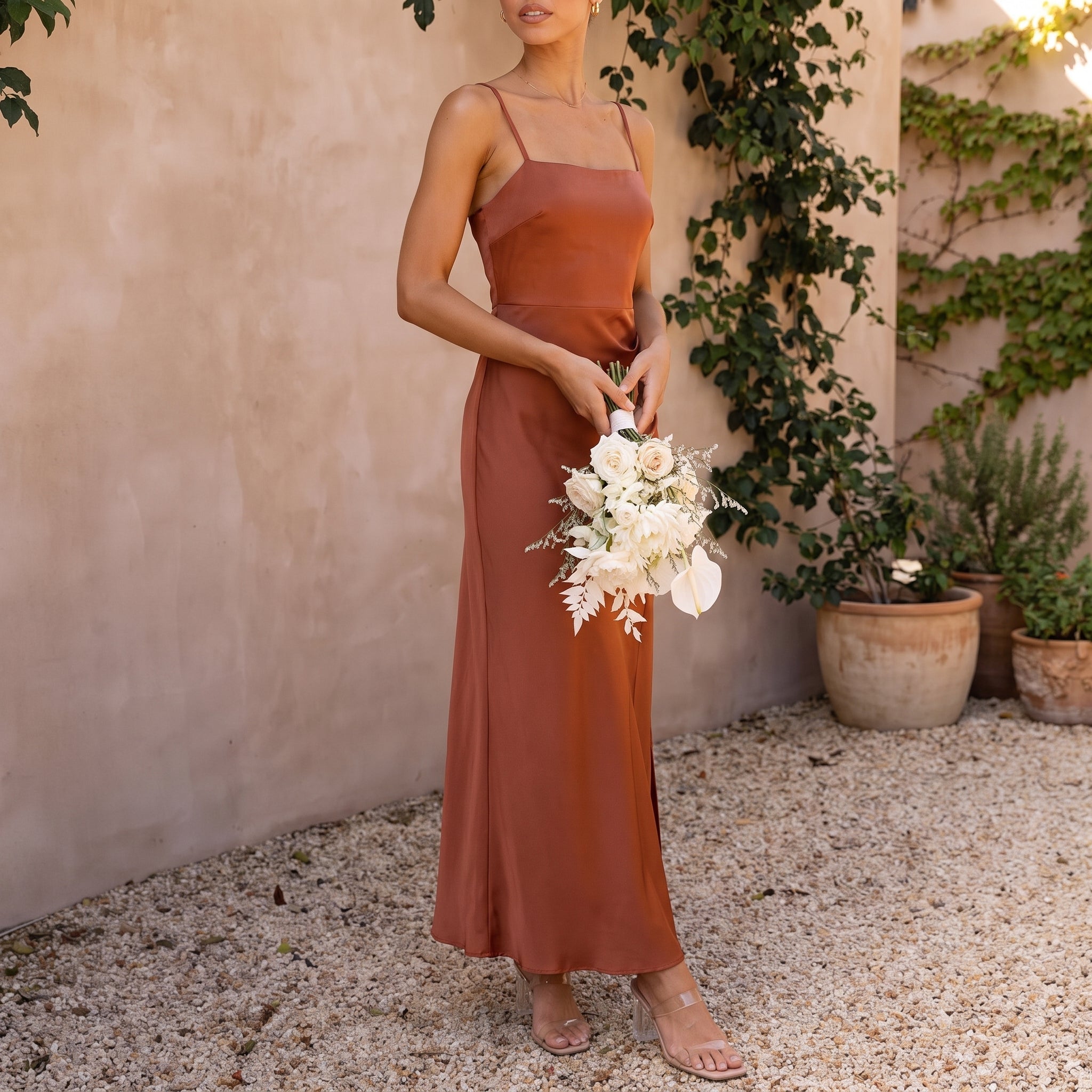 Georgia – Women's Wedding Guest Maxi Dress with Front Split - Dresses - Brown - Davies & Cooper