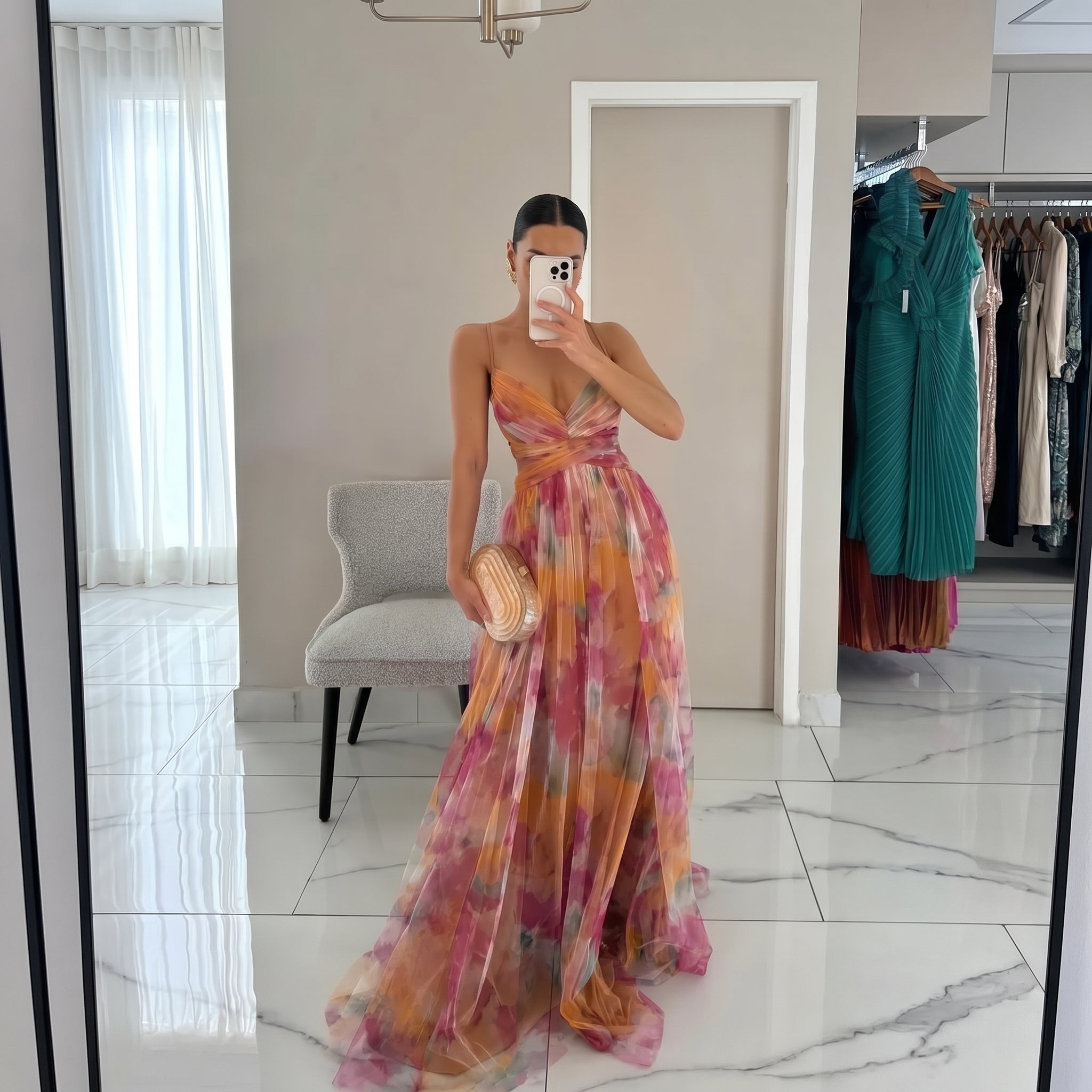 Georgia - Women's Wedding Guest Tulle Maxi Dress - Maxi Dresses - Orange - Davies & Cooper