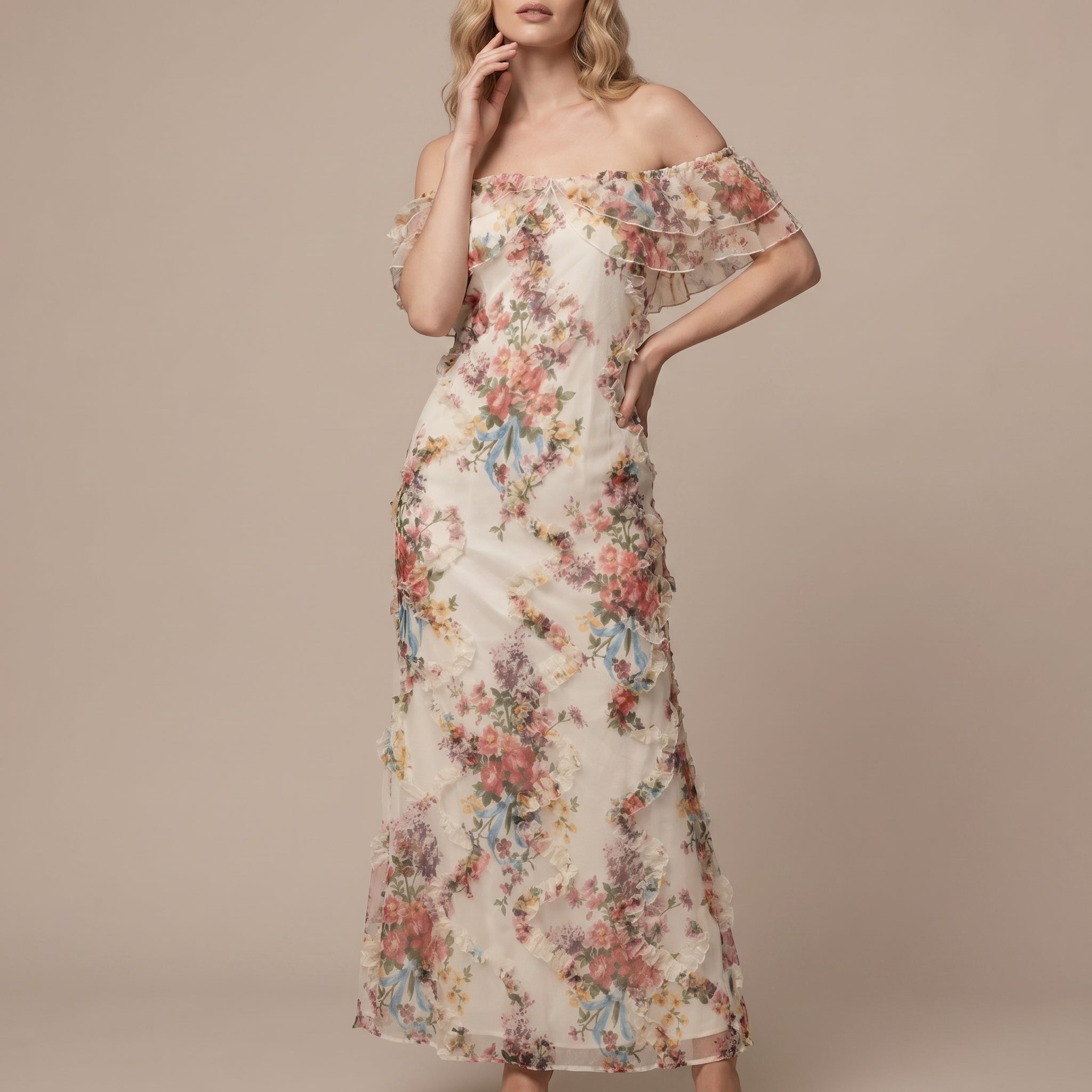 Gisela - Women's Vintage Floral Off-Shoulder Ruffle Party Maxi Dress - Maxi Dresses - White - Davies & Cooper