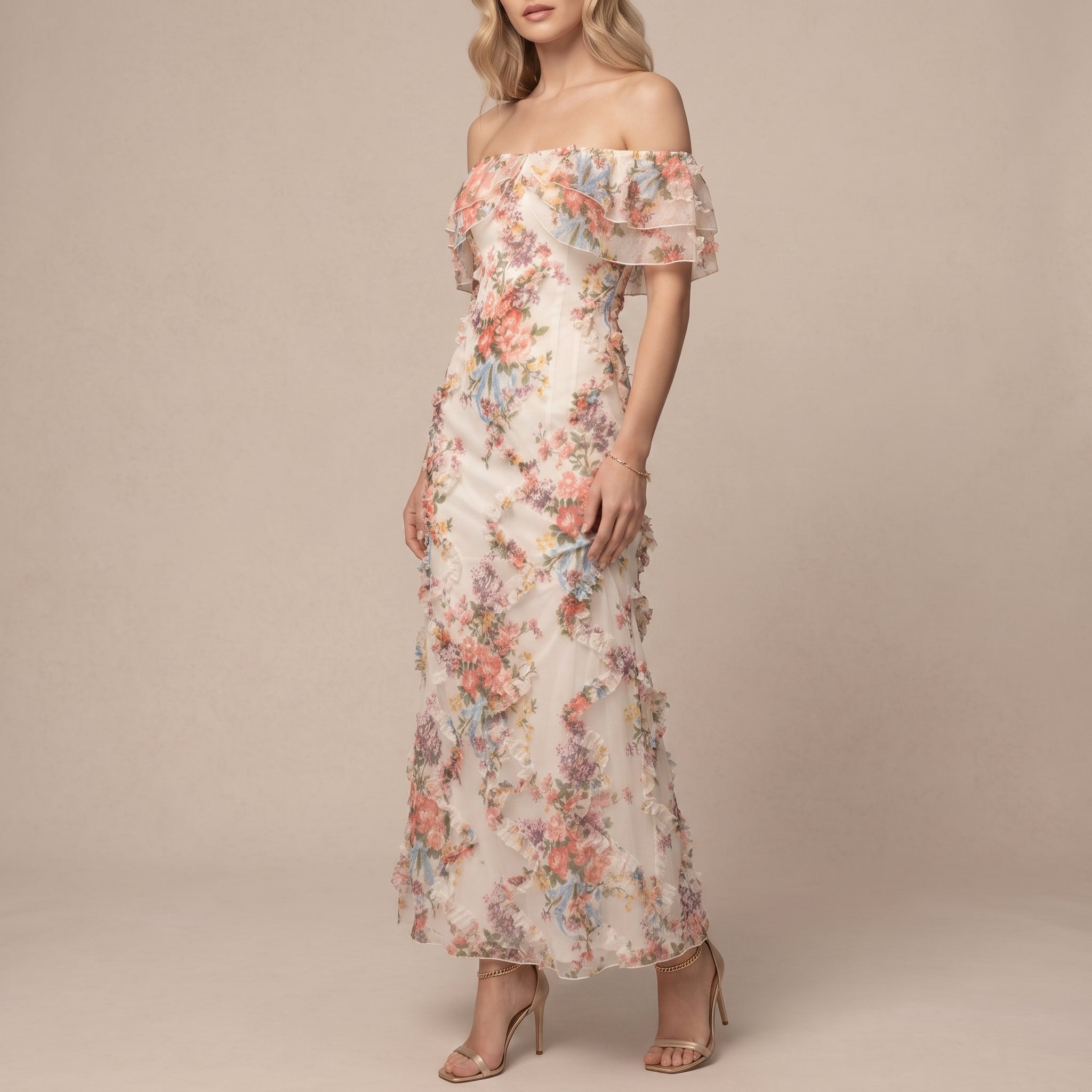 Gisela - Women's Vintage Floral Off-Shoulder Ruffle Party Maxi Dress - Maxi Dresses - White - Davies & Cooper