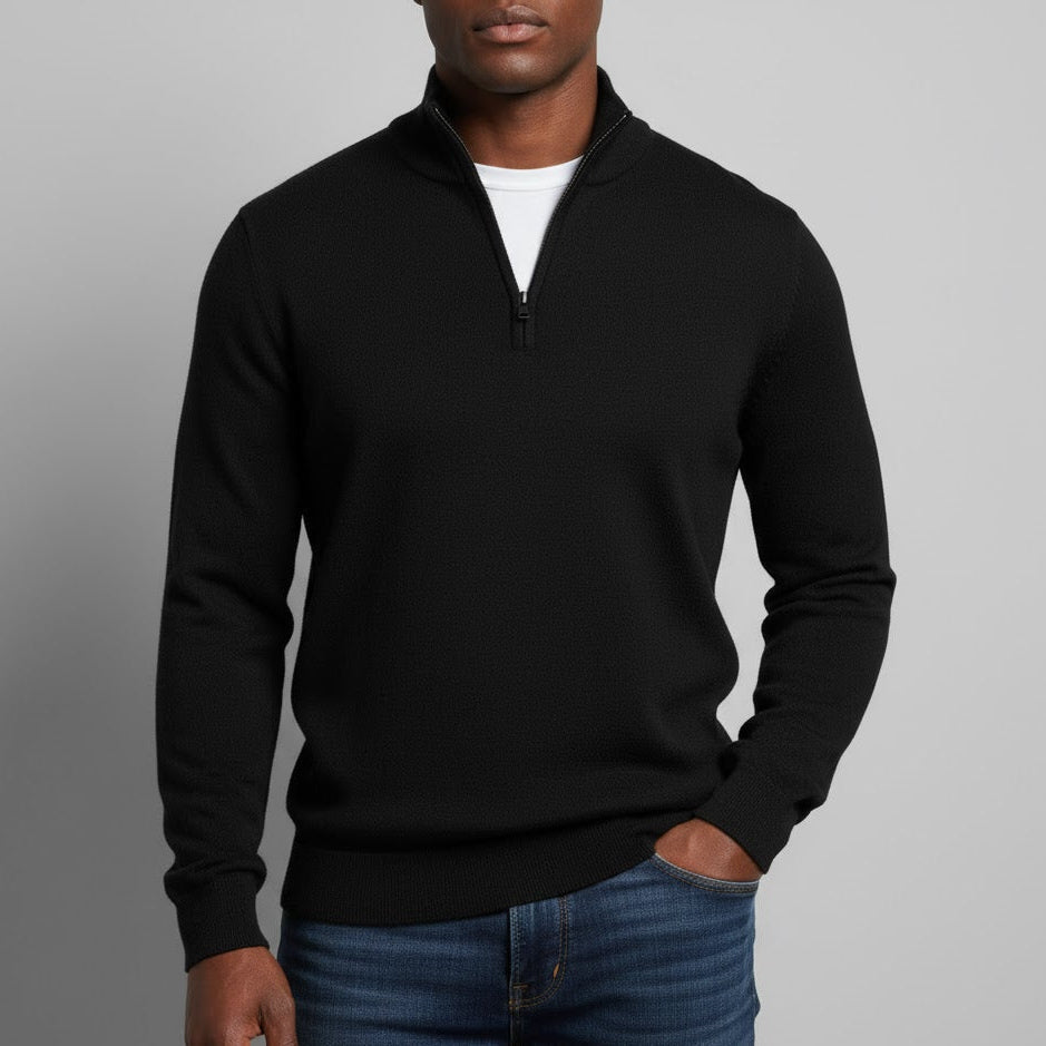 Godric – Men's Knit Jumper with Half Zip - Sweater - Black - Davies & Cooper