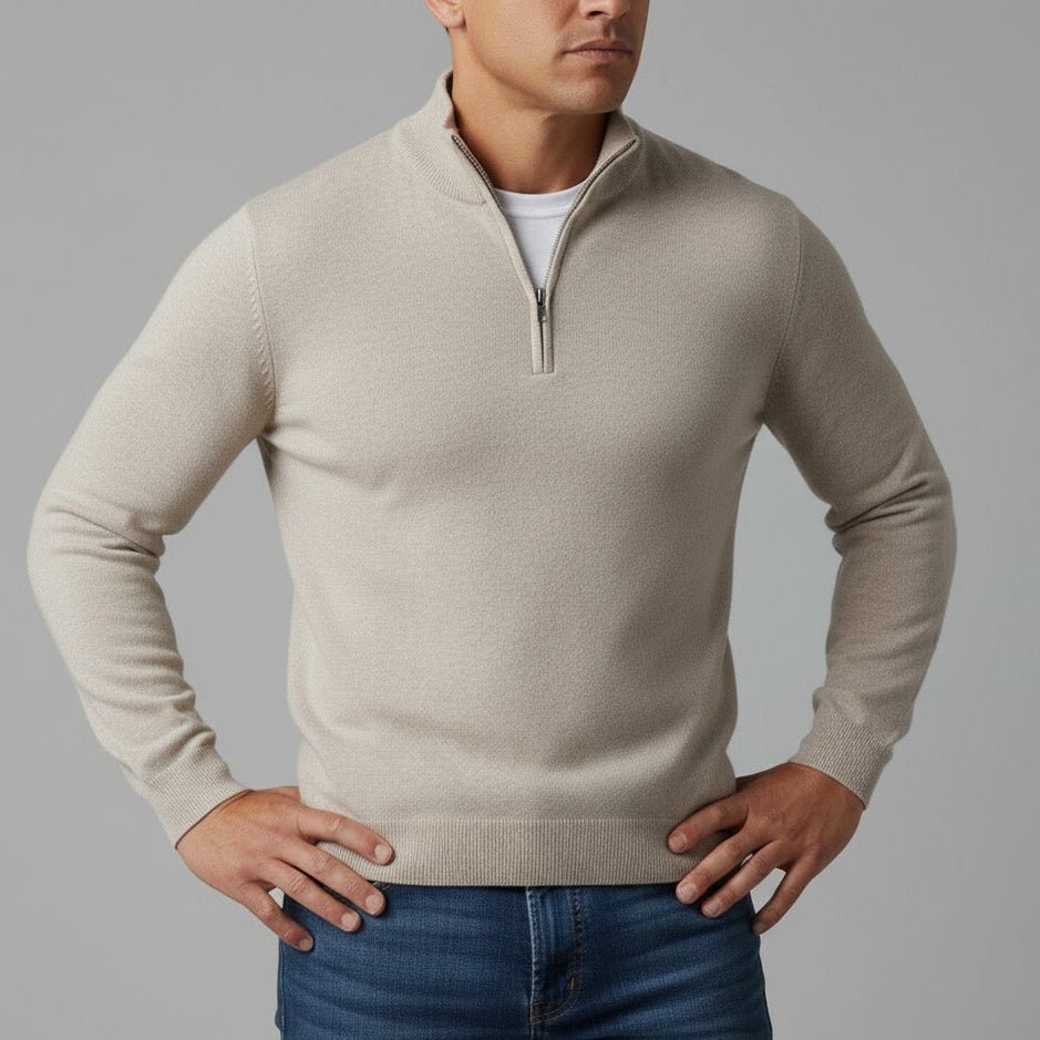 Godric – Men's Knit Jumper with Half Zip - Sweater - Beige - Davies & Cooper