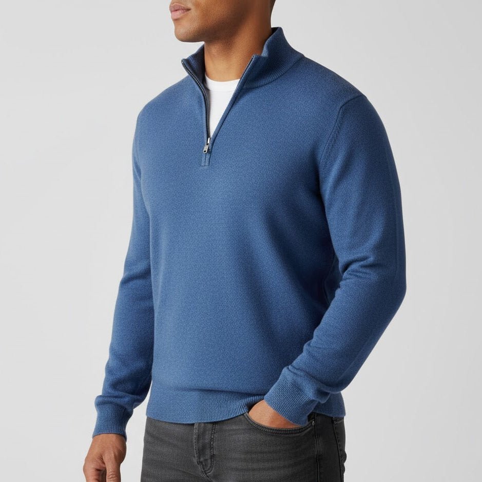 Godric – Men's Knit Jumper with Half Zip - Sweater - Blue - Davies & Cooper
