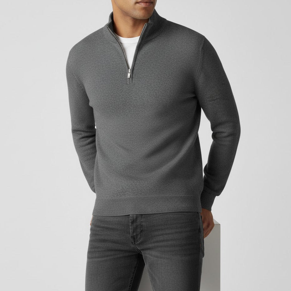 Godric – Men's Knit Jumper with Half Zip - Sweater - Grey - Davies & Cooper