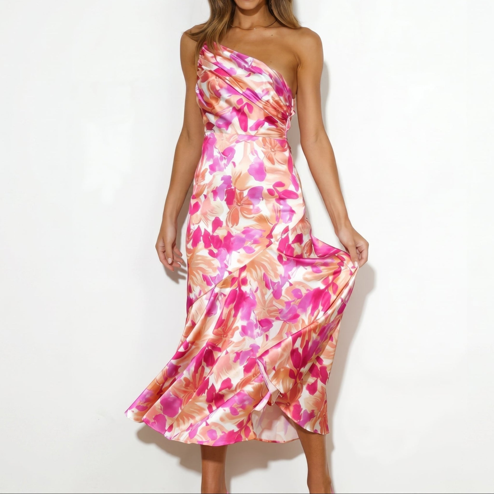 Grace - Women's Floral One-Shoulder Wedding Guest Midi Dress - Midi Dress - Pink - Davies & Cooper