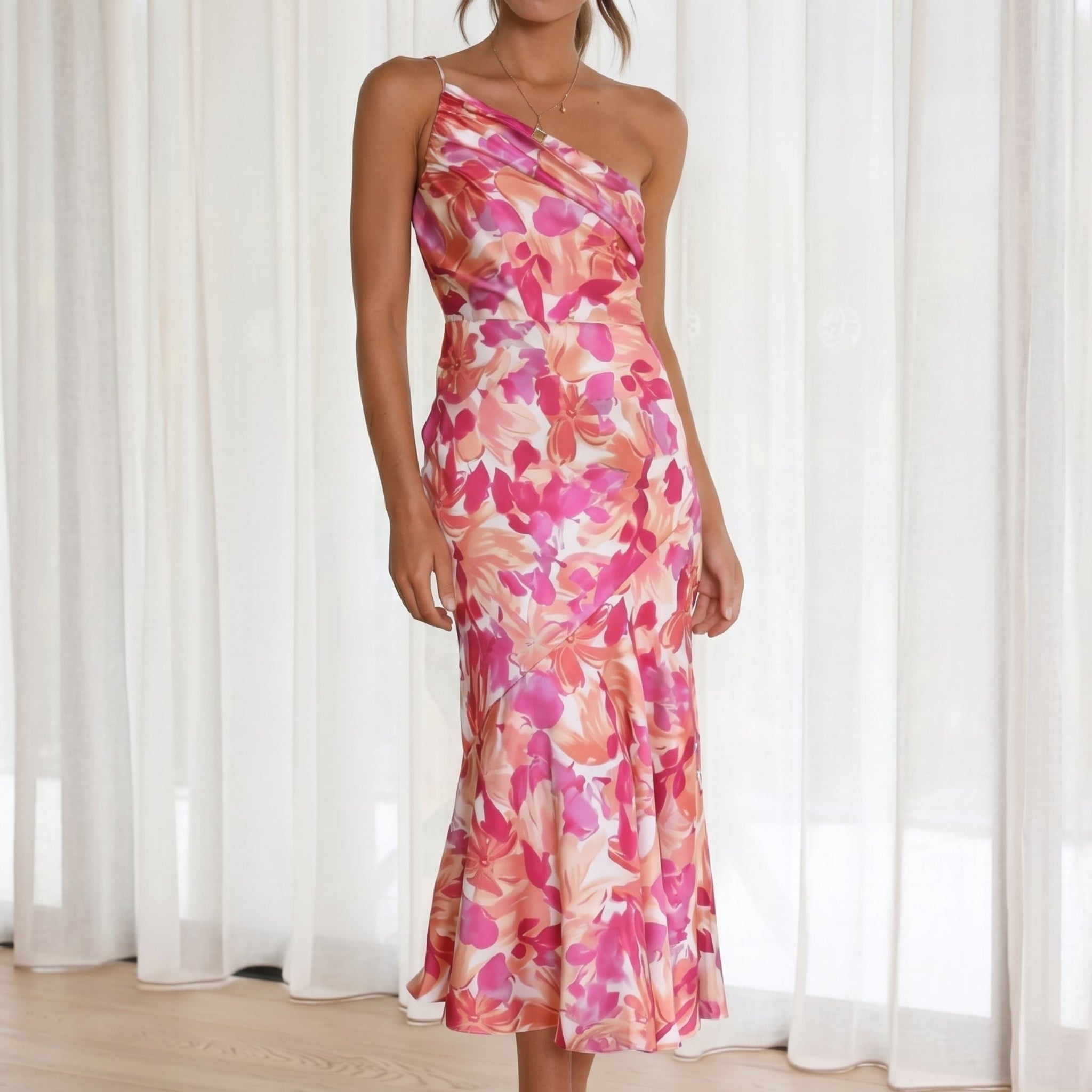 Grace - Women's Floral One-Shoulder Wedding Guest Midi Dress - Midi Dress - Pink - Davies & Cooper