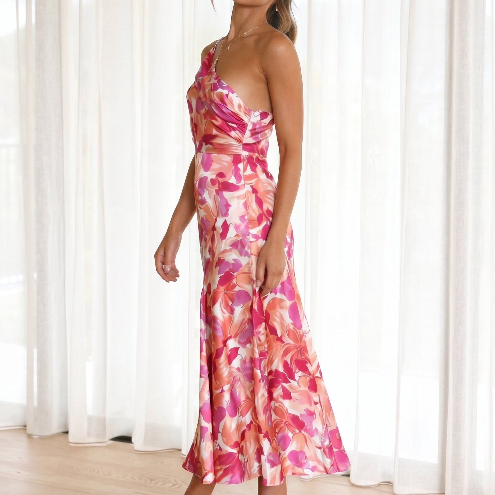 Grace - Women's Floral One-Shoulder Wedding Guest Midi Dress - Midi Dress - Pink - Davies & Cooper