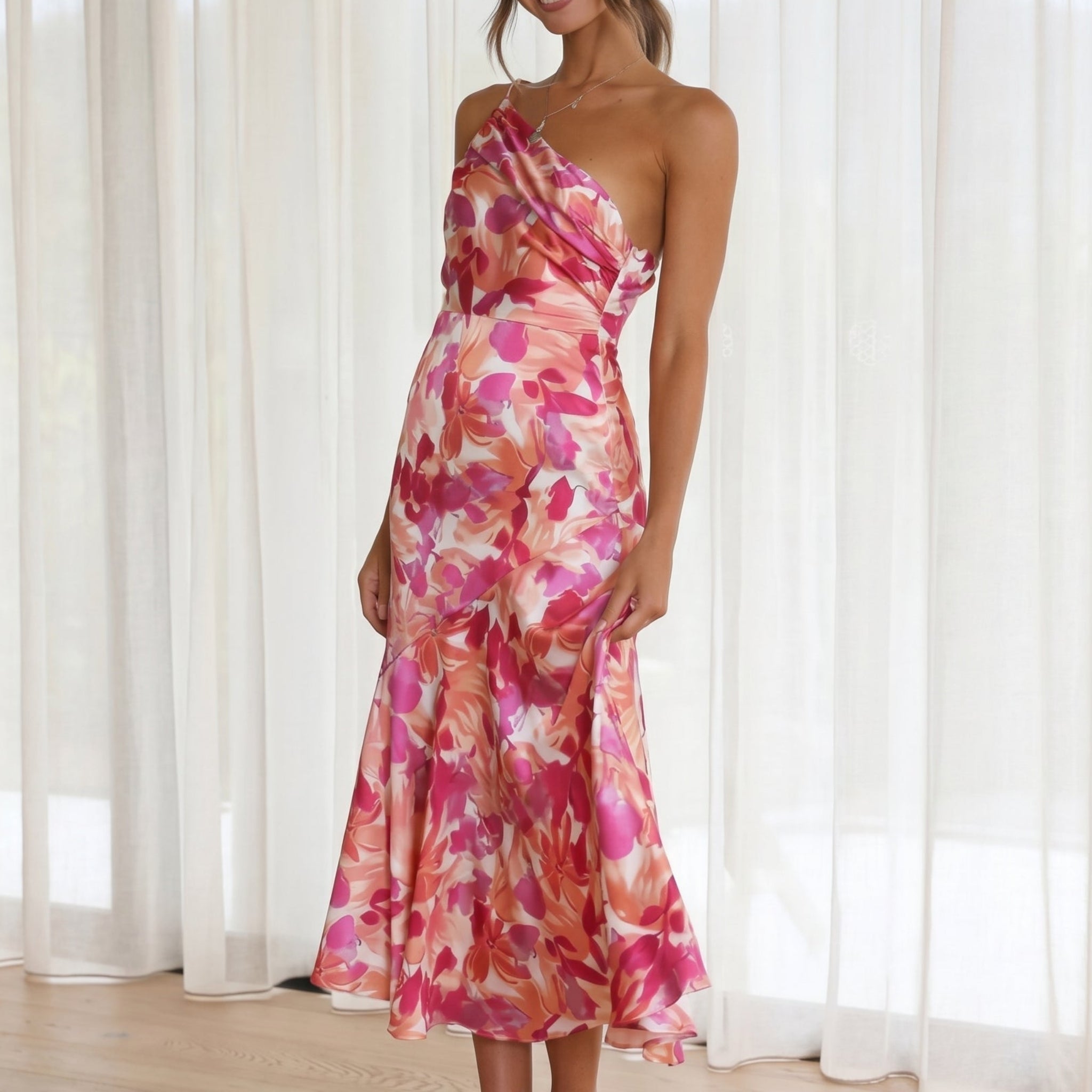 Grace - Women's Floral One-Shoulder Wedding Guest Midi Dress - Midi Dress - Pink - Davies & Cooper