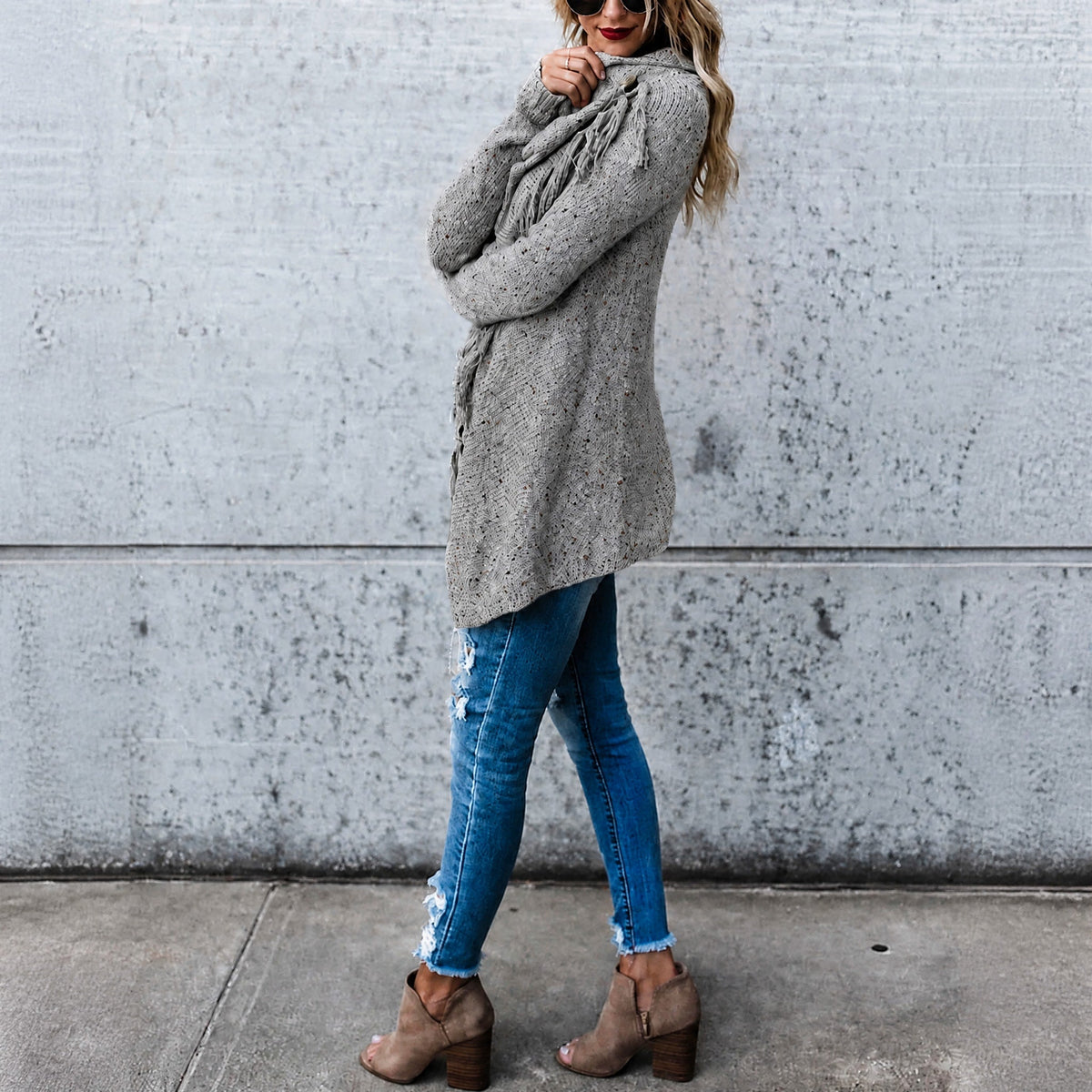 Grace - Women's Fringe Trim Knitted Cardigan with Waterfall Front - Cardigans - Grey - Davies & Cooper