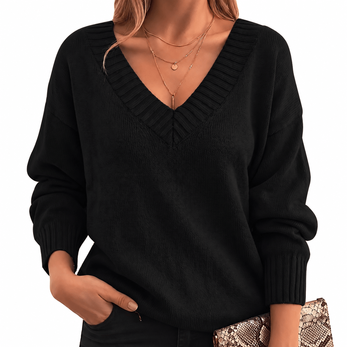 Grace - Women's Relaxed Fit V-Neck Knit Jumper with Ribbed Cuffs - Sweaters - Black - Davies & Cooper