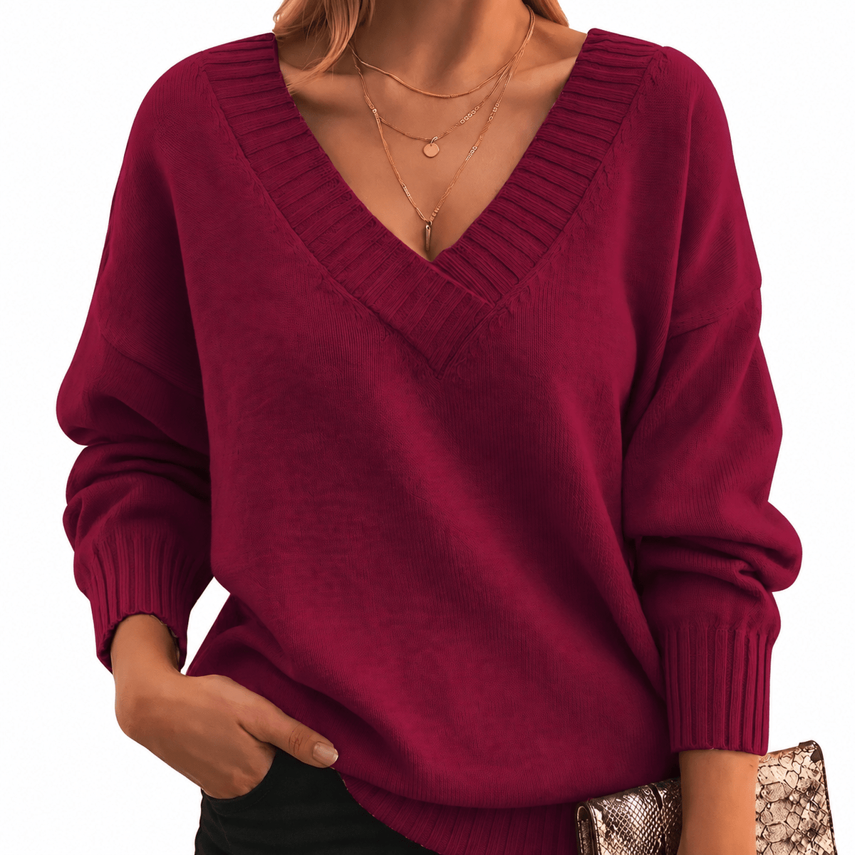 Grace - Women's Relaxed Fit V-Neck Knit Jumper with Ribbed Cuffs - Sweaters - Red - Davies & Cooper