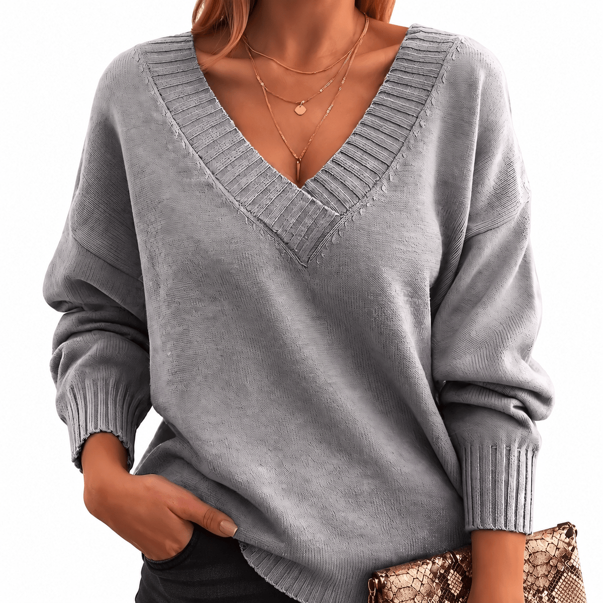 Grace - Women's Relaxed Fit V-Neck Knit Jumper with Ribbed Cuffs - Sweaters - Grey - Davies & Cooper