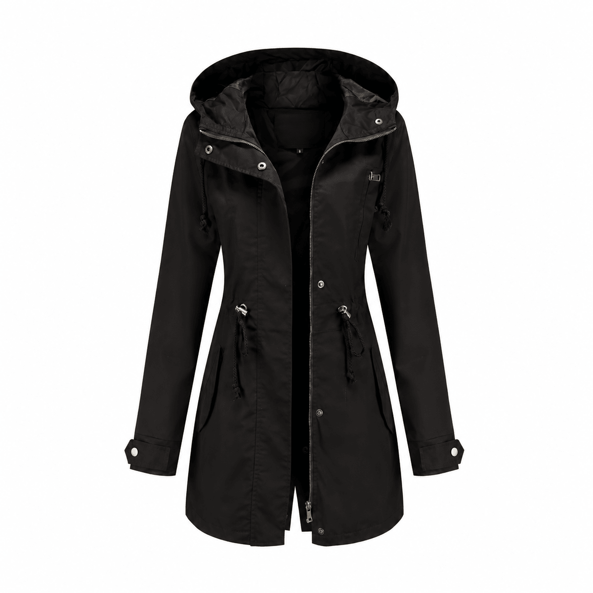 Grace - Women's Transitional Hooded Longline Jacket with Zip Closure - Rain Coat - Black - Davies & Cooper