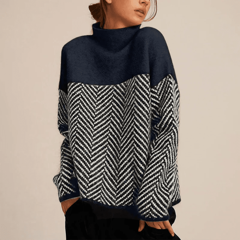 Hanna - Knitted Jumper with Pattern and High Collar - Sweaters - Navy Blue - Davies & Cooper