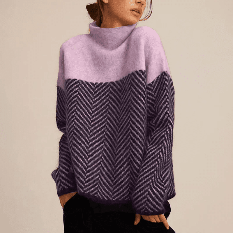 Hanna - Knitted Jumper with Pattern and High Collar - Sweaters - Purple - Davies & Cooper