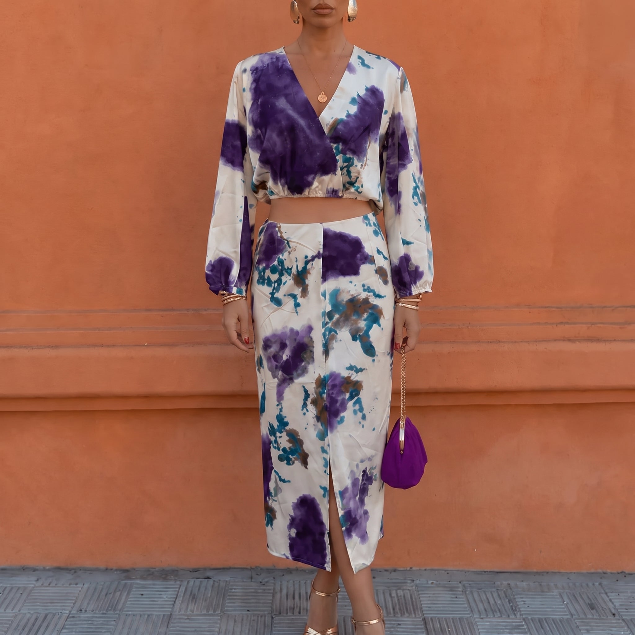 Hanna - Women's Abstract Print Long Sleeve Crop Top Midi Skirt Set - Dresses - Purple - Davies & Cooper
