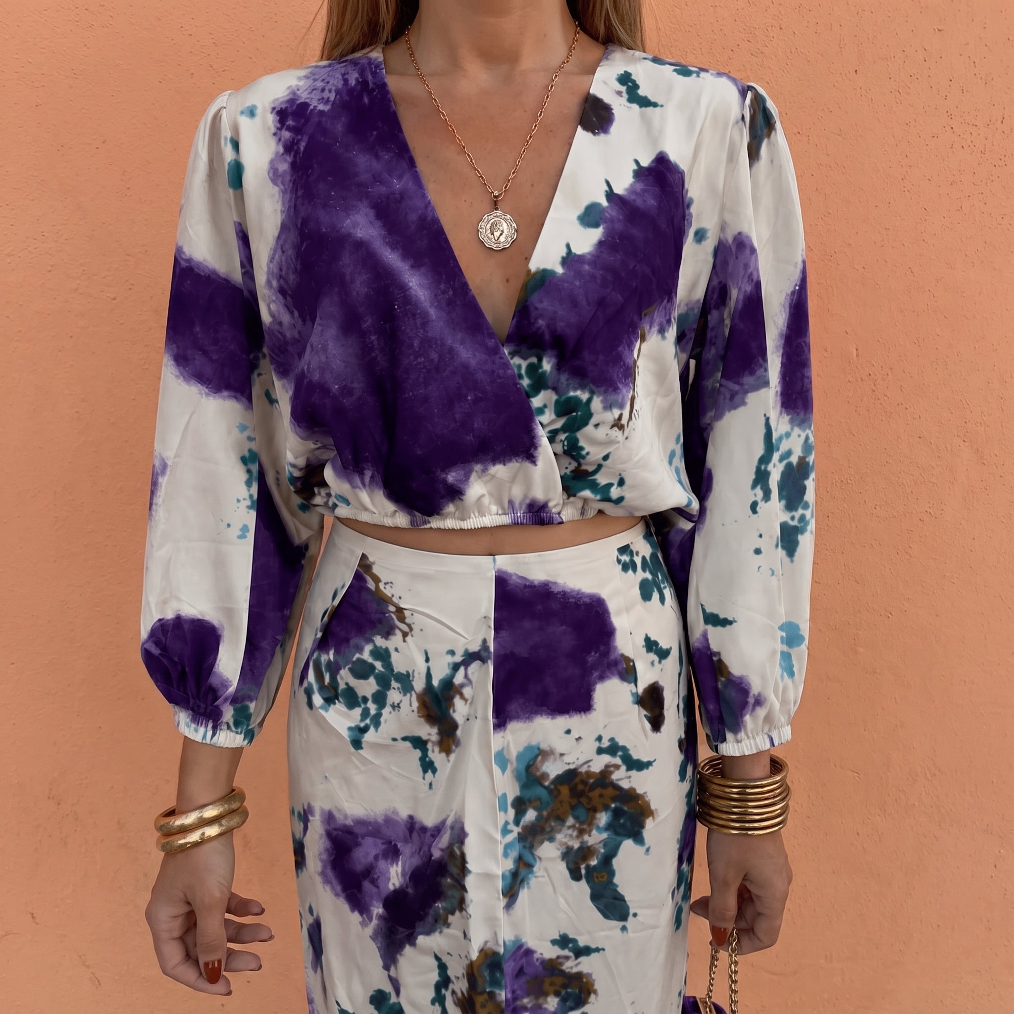 Hanna - Women's Abstract Print Long Sleeve Crop Top Midi Skirt Set - Dresses - Purple - Davies & Cooper