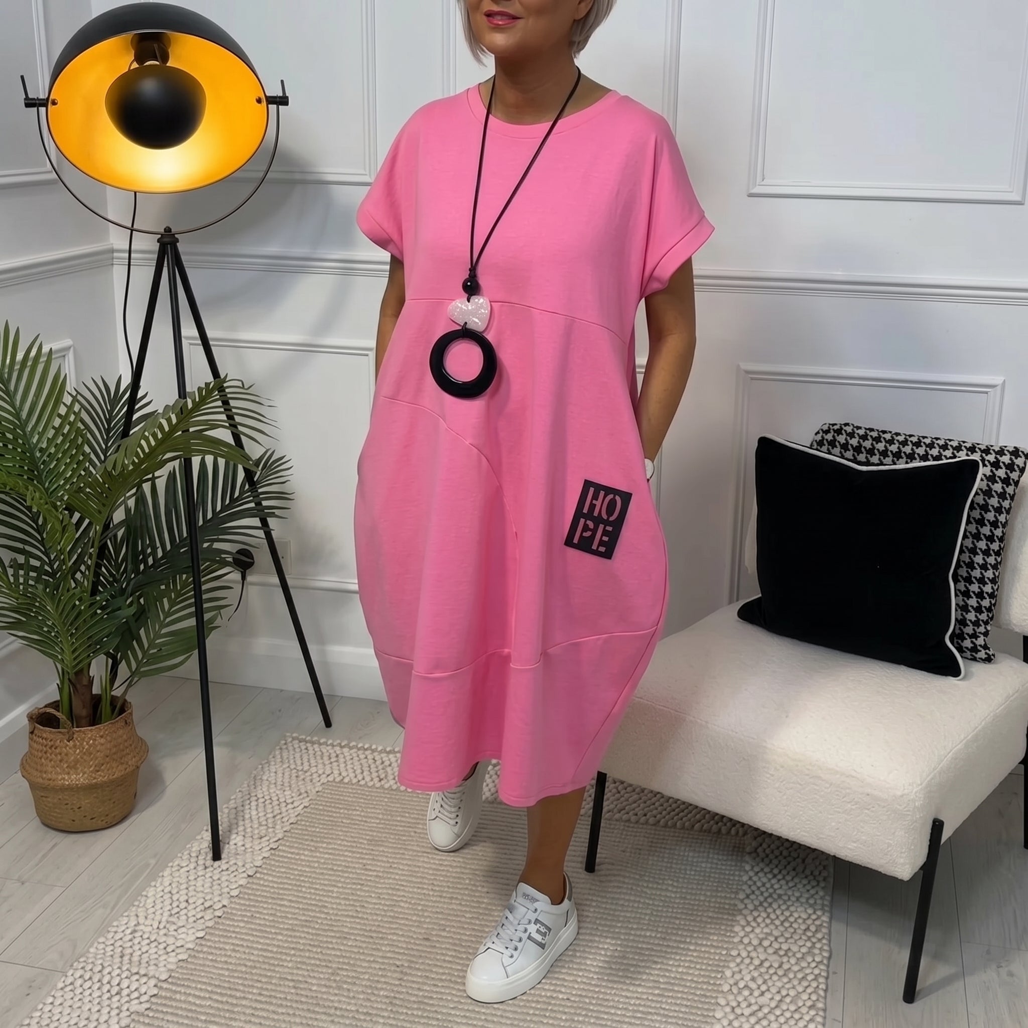 Hannah - Women's Casual Oversized Plain Midi Dress with Pockets - Midi Dresses - Pink - Davies & Cooper