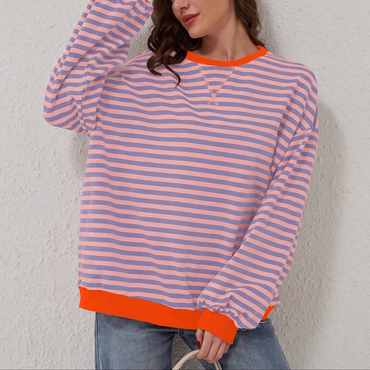 Hannah - Women's Oversized Striped Sweatshirt with Contrast Trim and Drop Shoulders - Sweater - Orange & Blue - Davies & Cooper