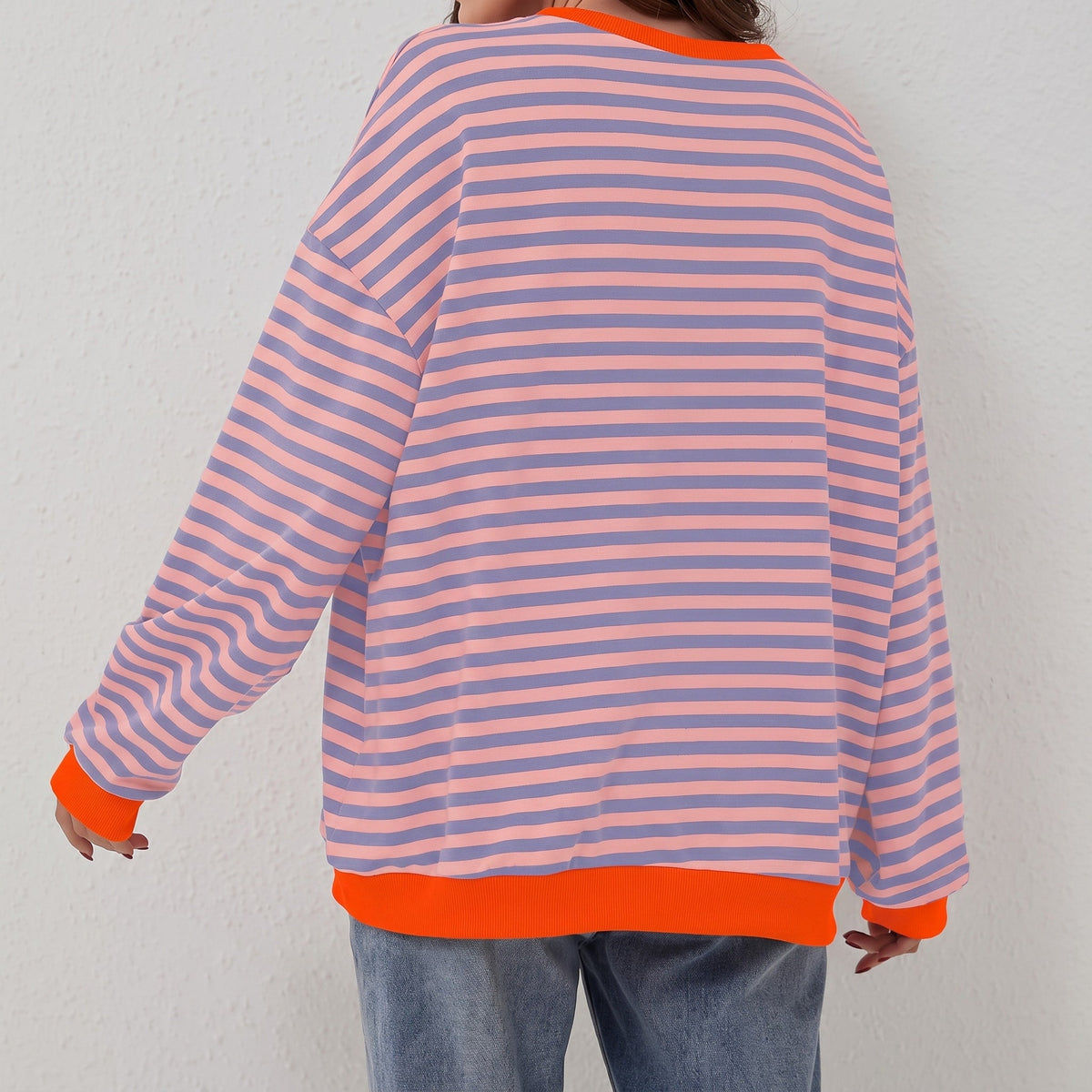 Hannah - Women's Oversized Striped Sweatshirt with Contrast Trim and Drop Shoulders - Sweater - Orange & Blue - Davies & Cooper