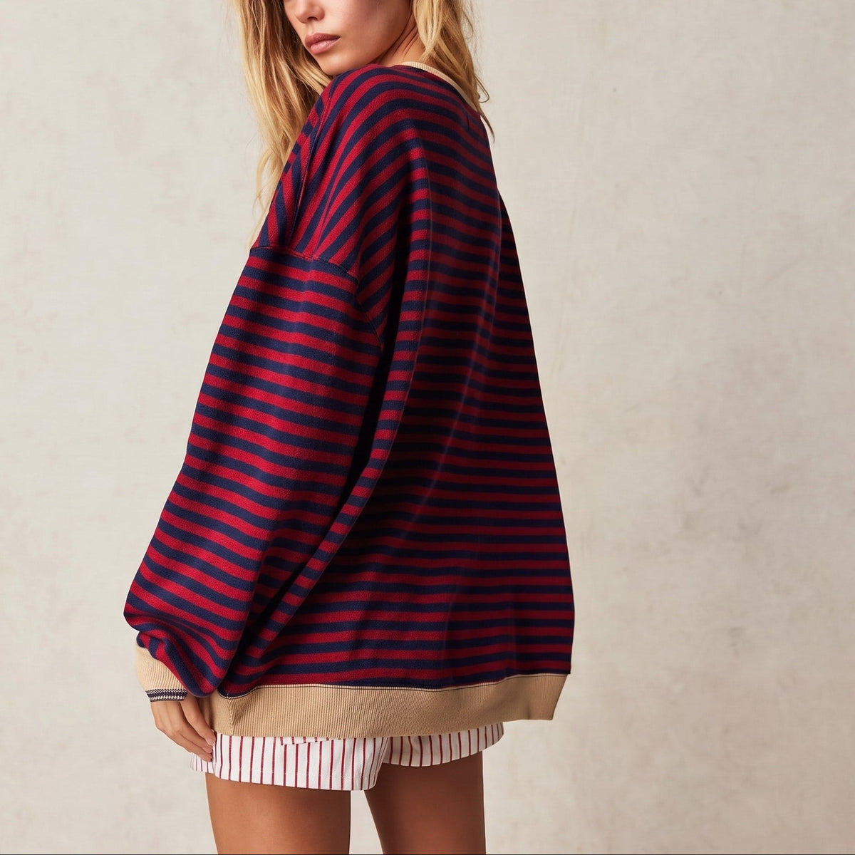 Hannah - Women's Oversized Striped Sweatshirt with Contrast Trim and Drop Shoulders - Sweater - Black & Red - Davies & Cooper