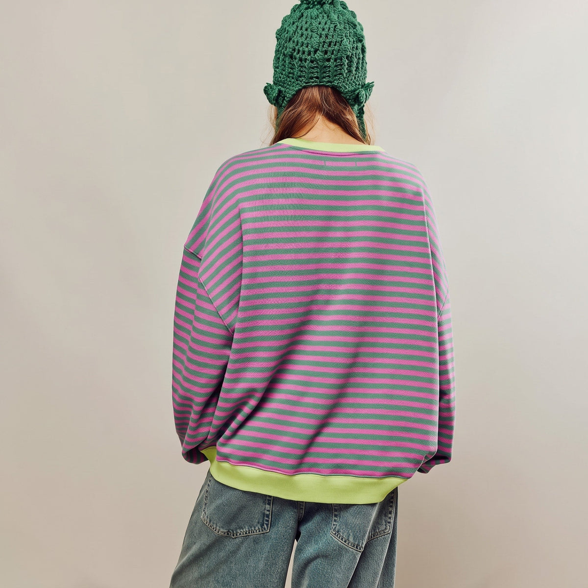 Hannah - Women's Oversized Striped Sweatshirt with Contrast Trim and Drop Shoulders - Sweater - Green & Pink - Davies & Cooper