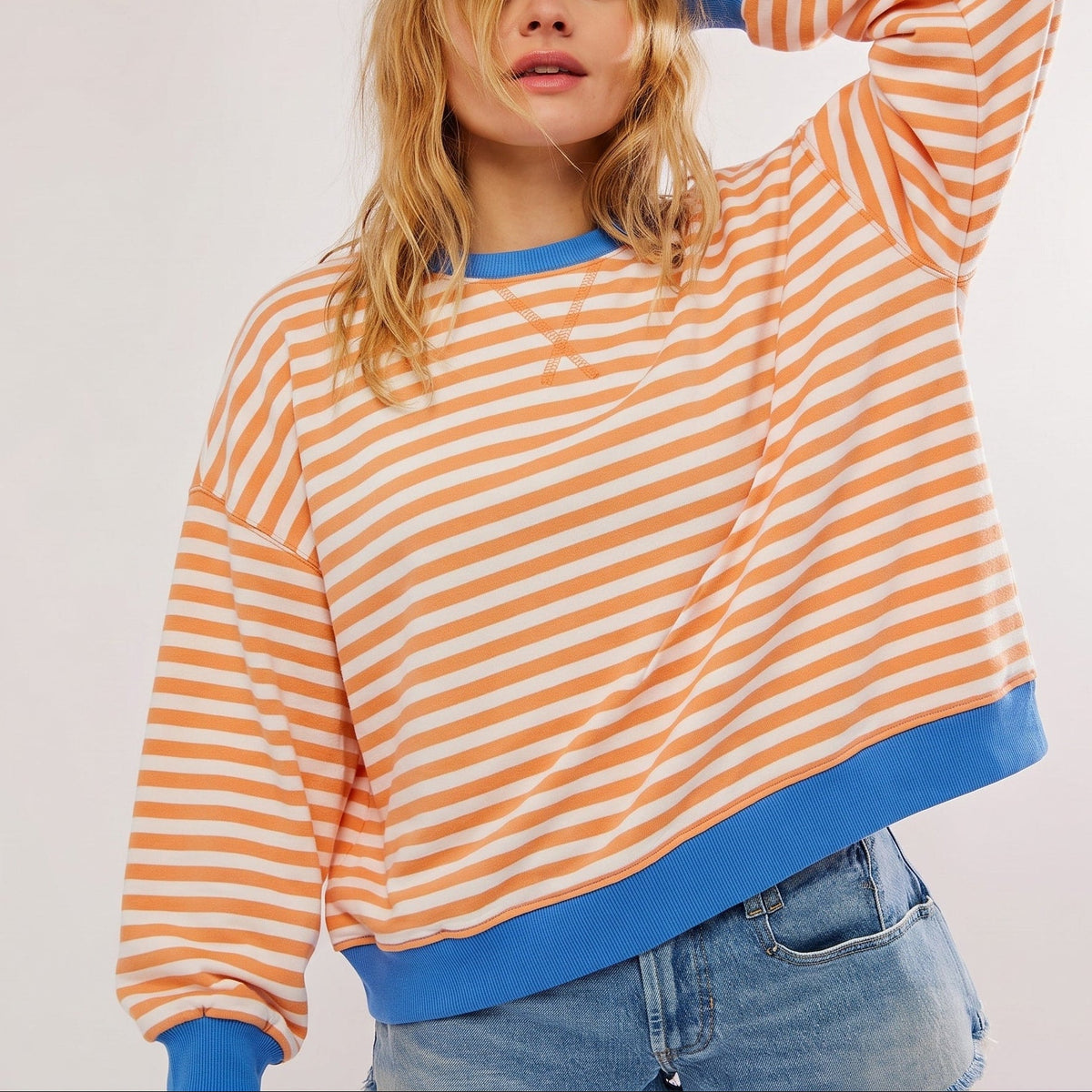 Hannah - Women's Oversized Striped Sweatshirt with Contrast Trim and Drop Shoulders - Sweater - Blue & Black - Davies & Cooper