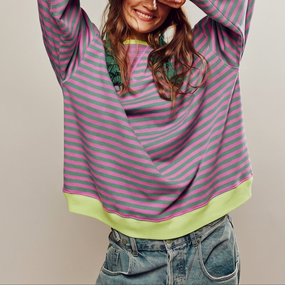 Hannah - Women's Oversized Striped Sweatshirt with Contrast Trim and Drop Shoulders - Sweater - Green & Pink - Davies & Cooper