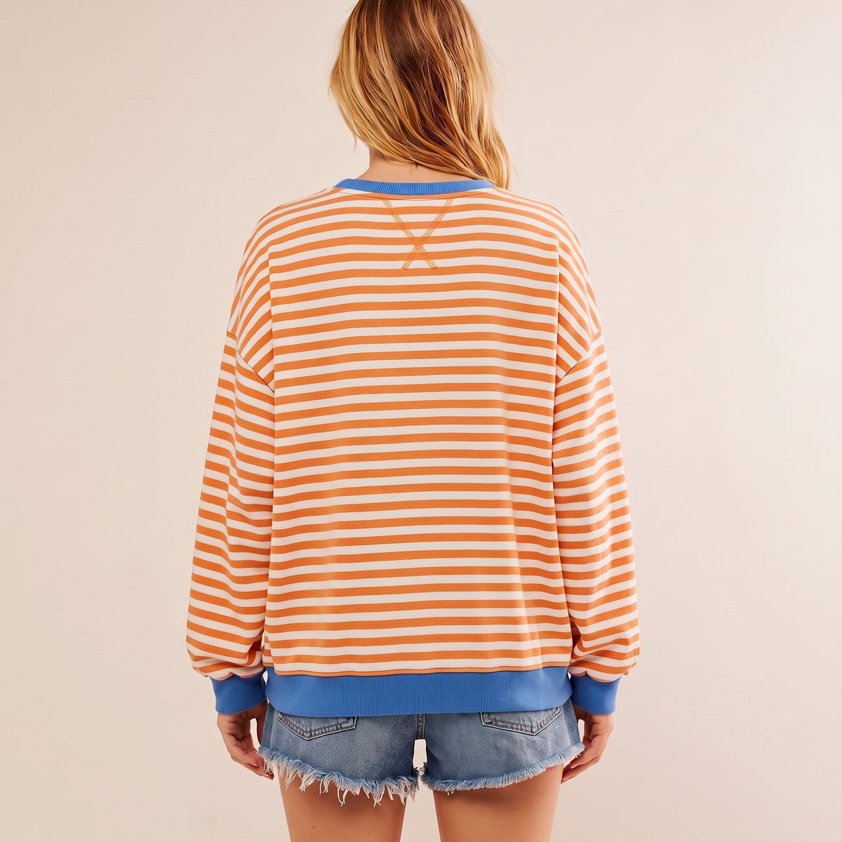 Hannah - Women's Oversized Striped Sweatshirt with Contrast Trim and Drop Shoulders - Sweater - Sky Blue - Davies & Cooper
