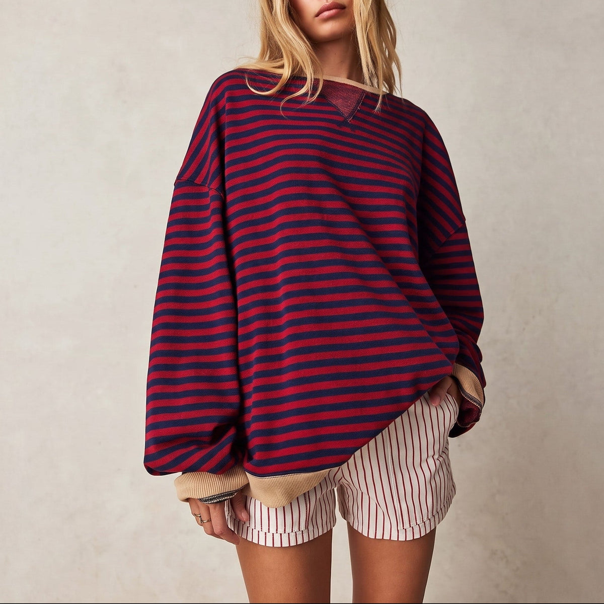 Hannah - Women's Oversized Striped Sweatshirt with Contrast Trim and Drop Shoulders - Sweater - Black & Red - Davies & Cooper