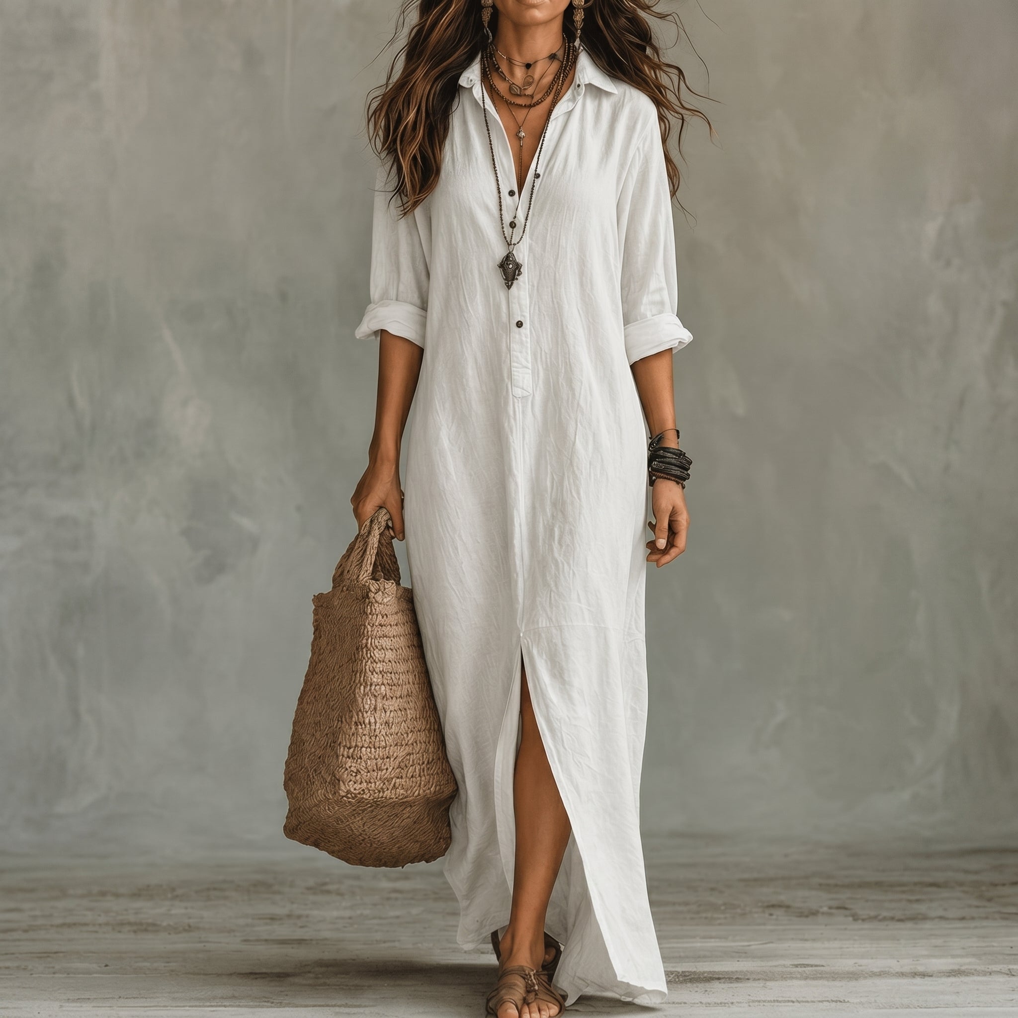 Hannah - Women's Summer Side Split Maxi Shirt Dress - Maxi Dress - White - Davies & Cooper