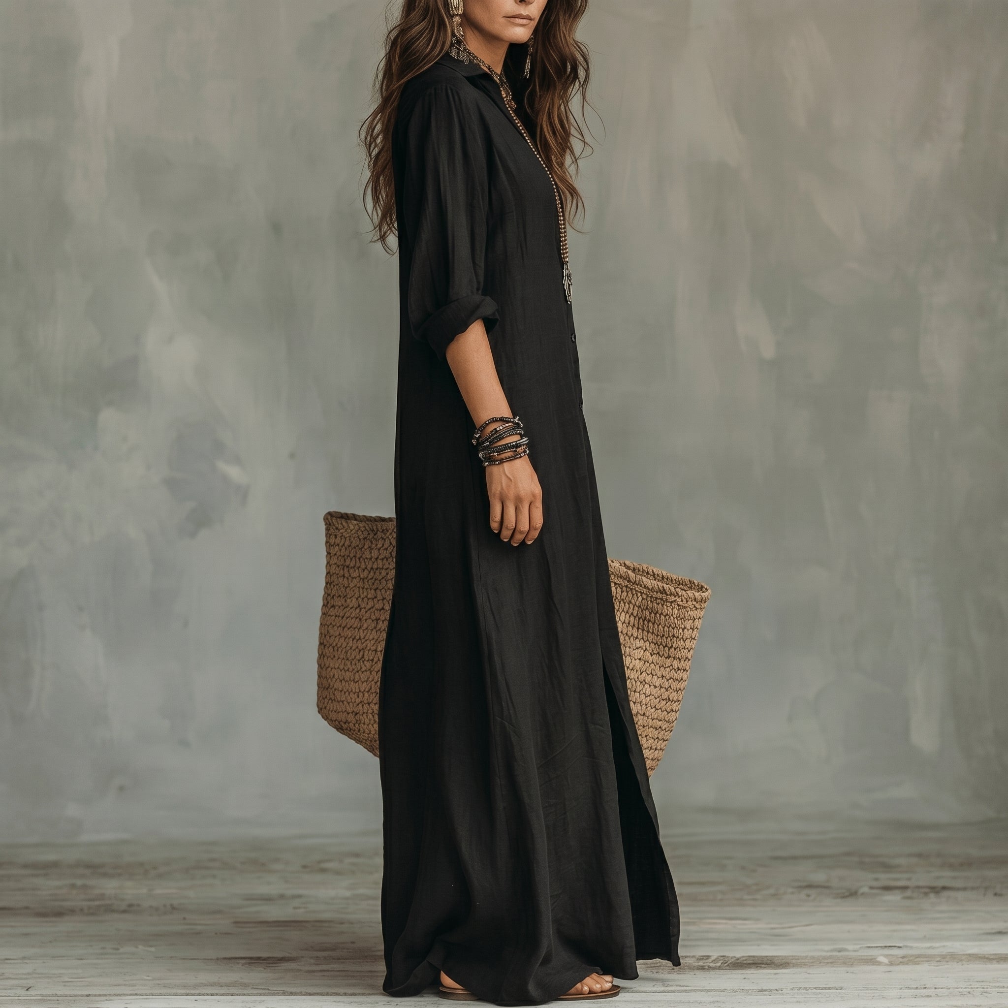Hannah - Women's Summer Side Split Maxi Shirt Dress - Maxi Dress - Black - Davies & Cooper
