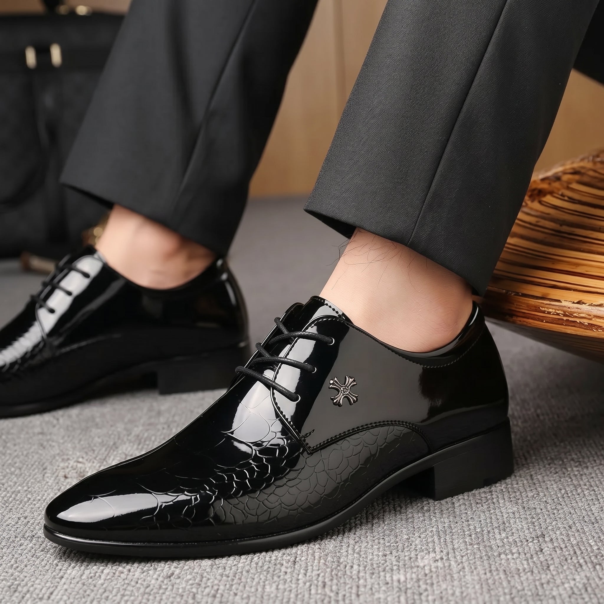 Harrison - Men's Glossy Pointed Toe Lace-Up Wedding Shoes